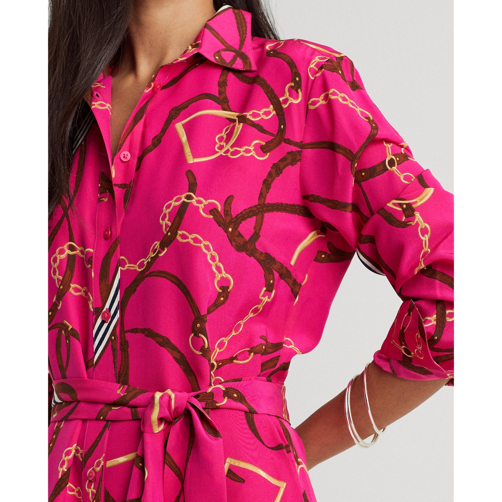 Ralph Lauren Print Belted Silk Shirtdress in Bright Pink (Pink) | Lyst