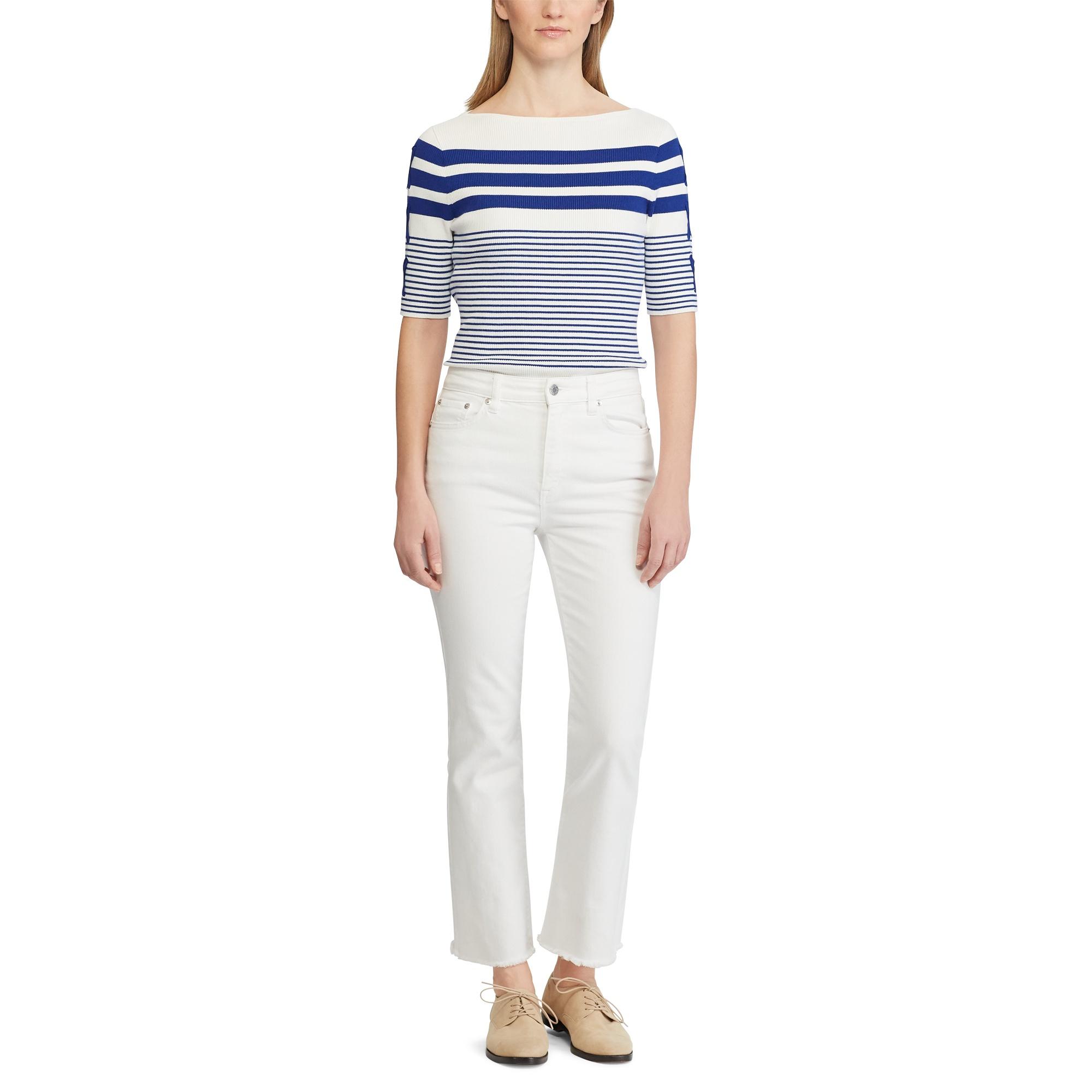 Lauren by Ralph Lauren Striped Cotton-blend Sweater in White/Deep Blue (Blue) - Lyst