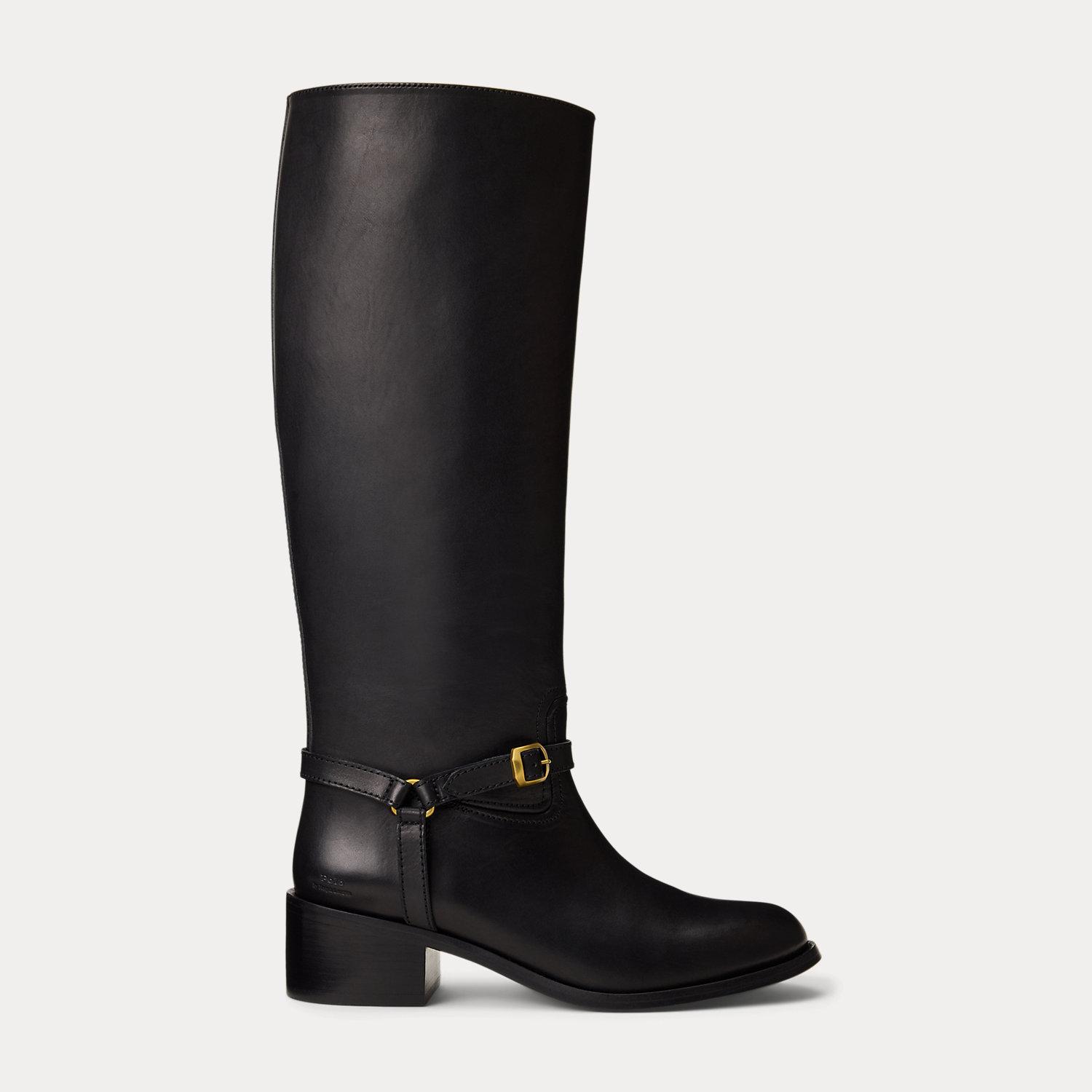 Ralph Lauren Harness Burnished Leather Riding Boot in Black 