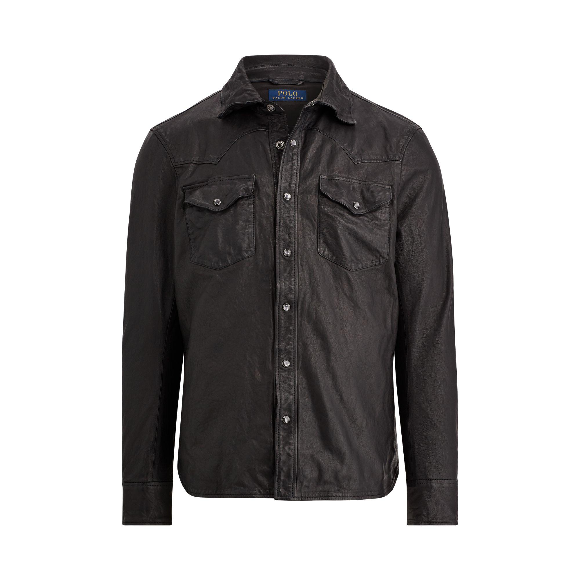 Polo Ralph Lauren Leather Western Overshirt in Black for Men | Lyst