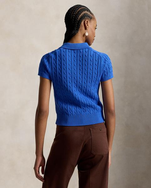 Polo Ralph Lauren Cable-Knit Cotton Cropped Polo Shirt in Blue