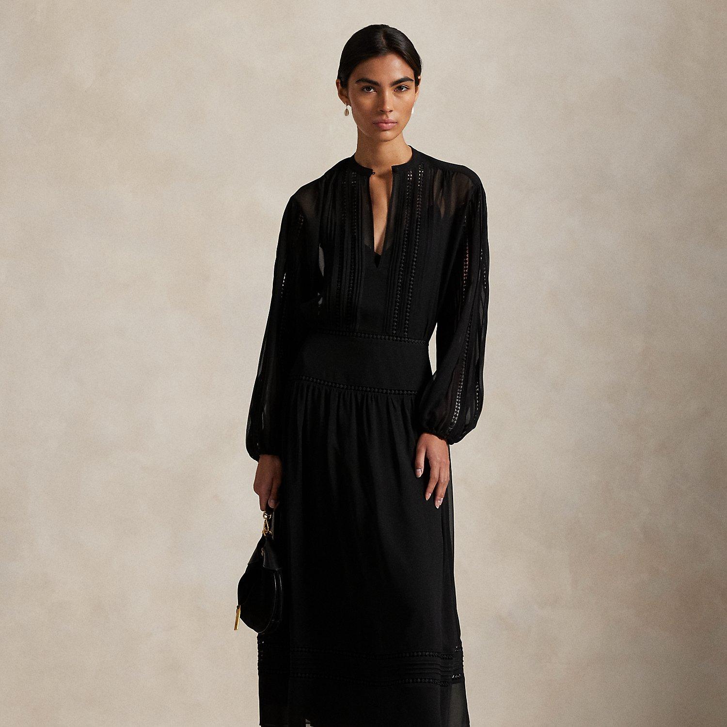 Polo Ralph Lauren Lace-Trim Georgette Dress in Black | Lyst