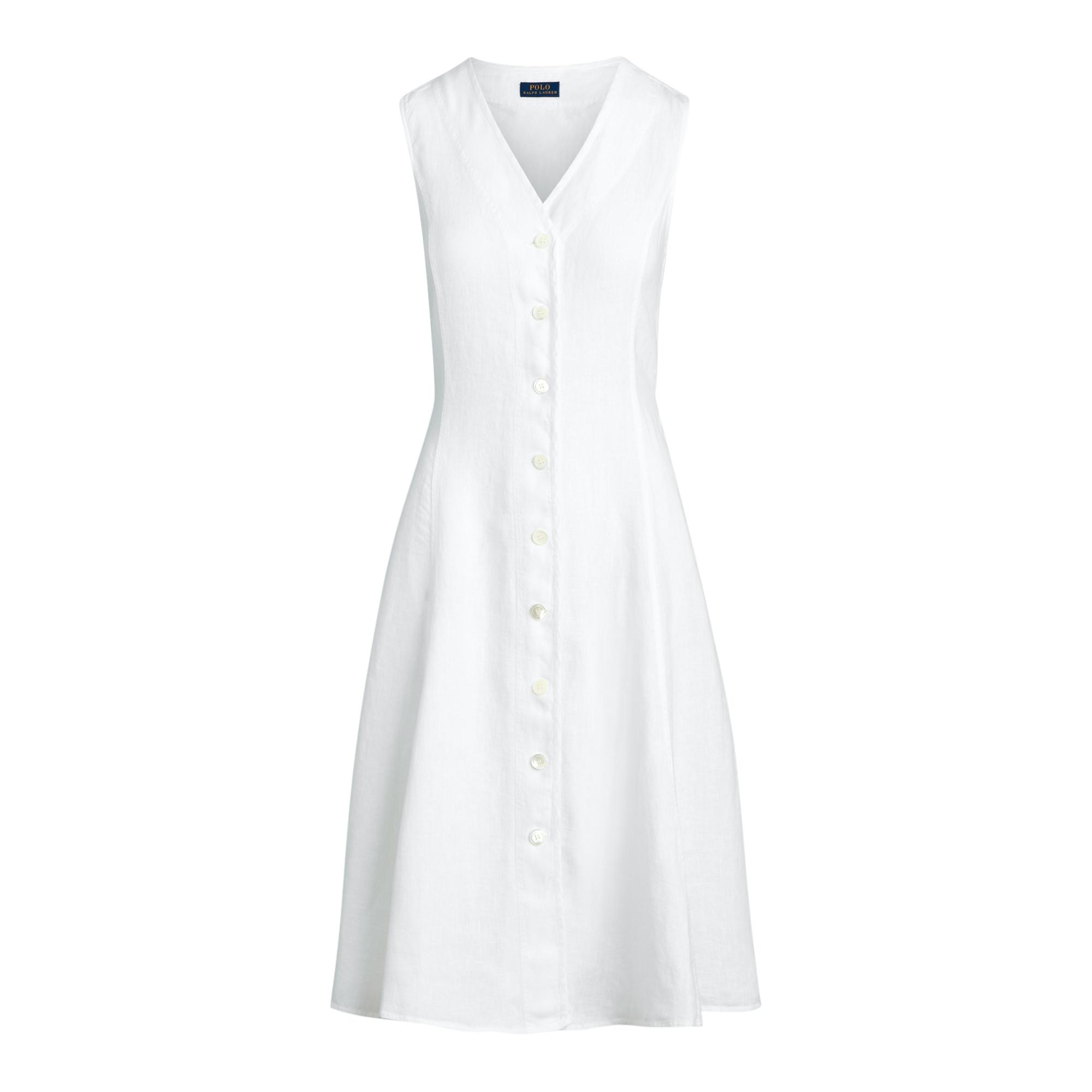 Polo Ralph Lauren Buttoned-placket Linen Dress in White | Lyst