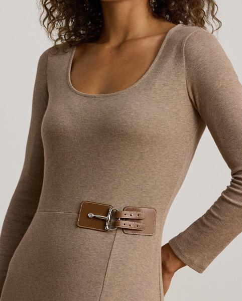buckle trim rib knit midi dress Lauren Ralph Lauren BUCKLE TRIM RIB MIDI DRESS - Jersey dress - adirondack heather/light brown