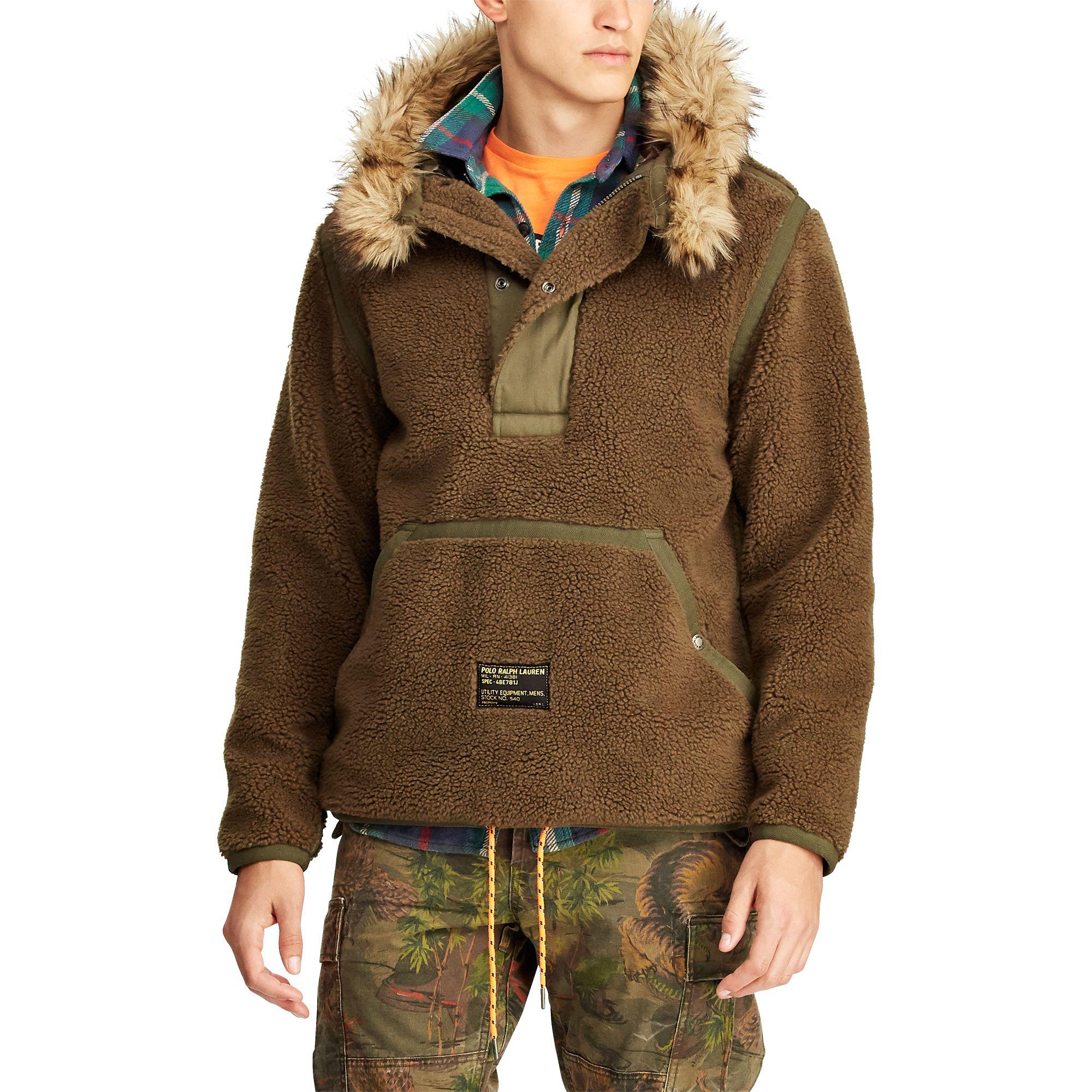 Polo Ralph Lauren Faux Fur-trim Fleece Hoodie in Green for Men | Lyst