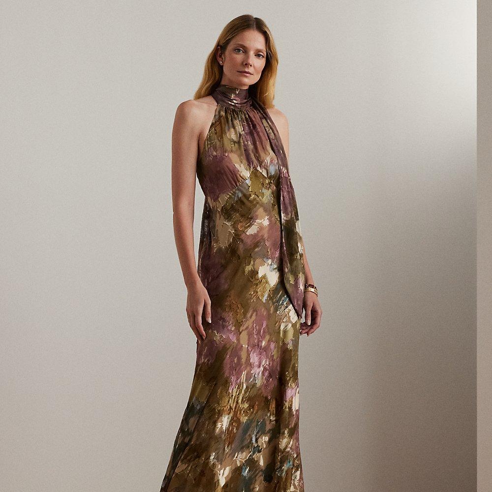 ralph lauren floral halter dress LAUREN RALPH LAUREN Floral Halter Neck Sleeveless Ruffle Trim Gown NWT SIZE  $295
