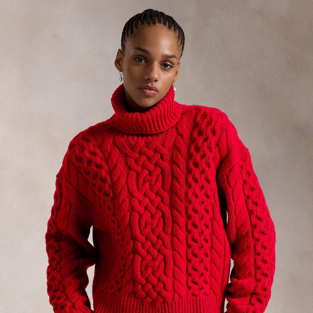 Polo Ralph Lauren Aran knit Wool alpaca Turtleneck in Red Lyst UK