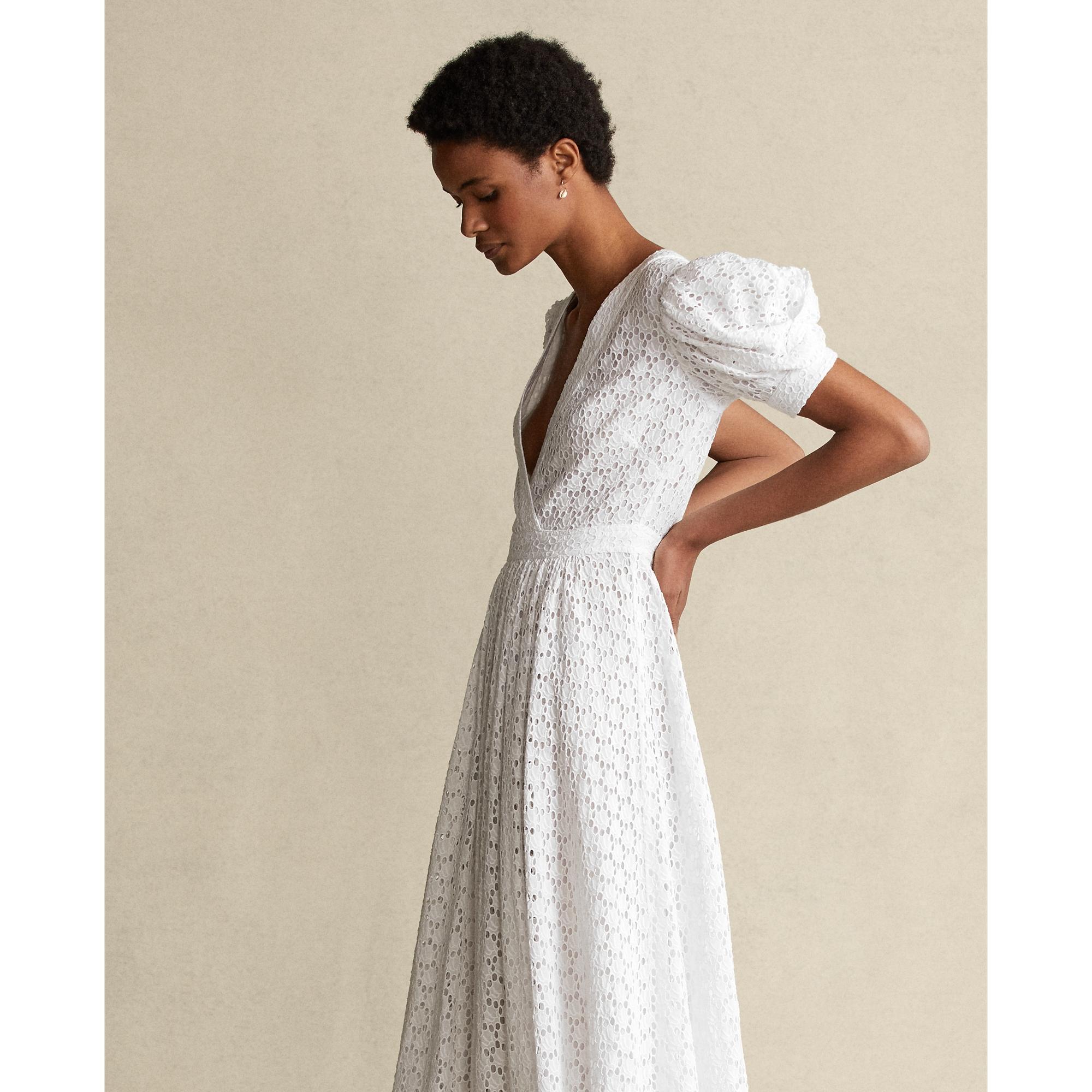Ralph Lauren Eyelet Cotton A-line Dress in White | Lyst
