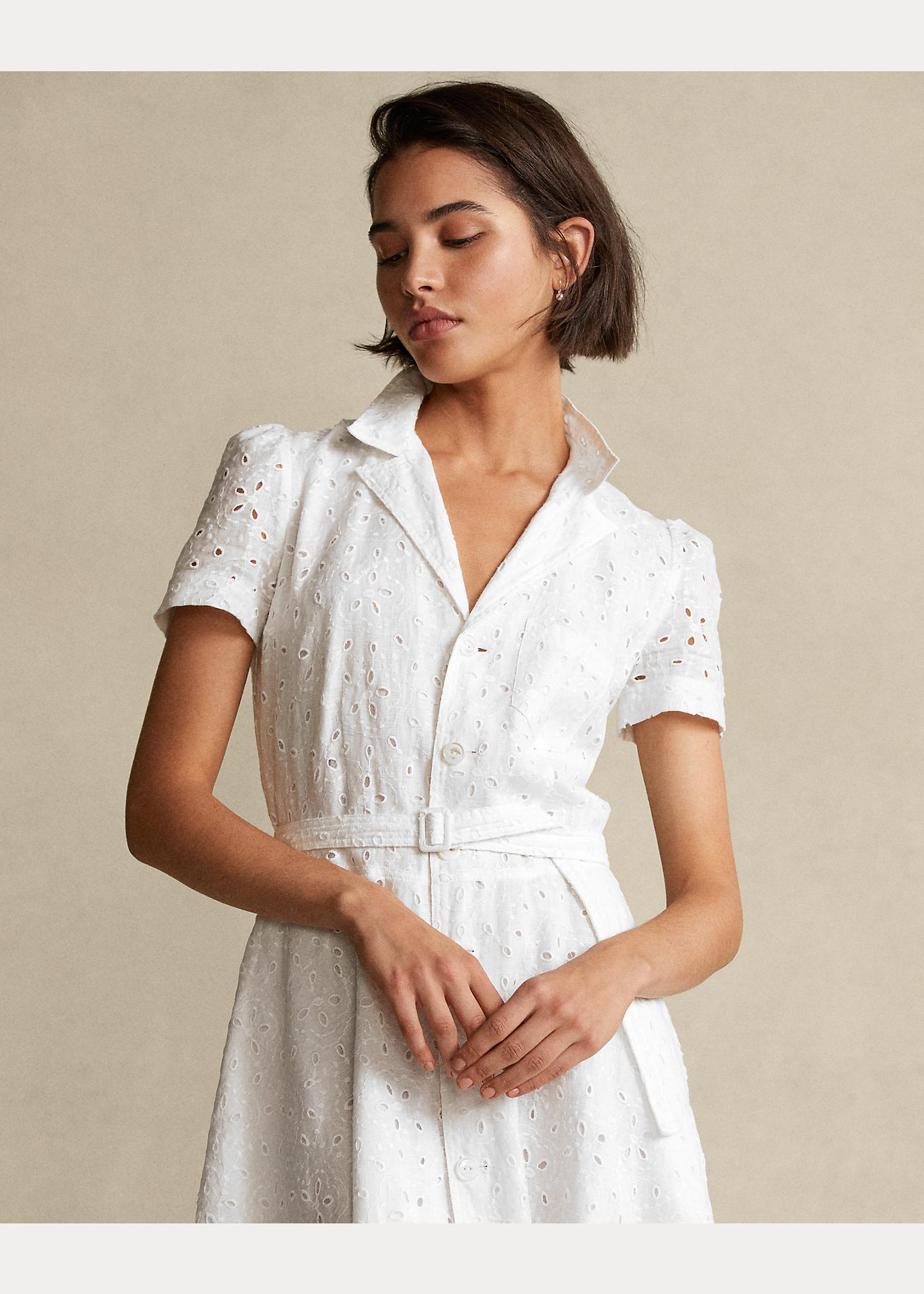 Robe ceinturée broderie anglaise de lin Polo Ralph Lauren en coloris Blanc  | Lyst