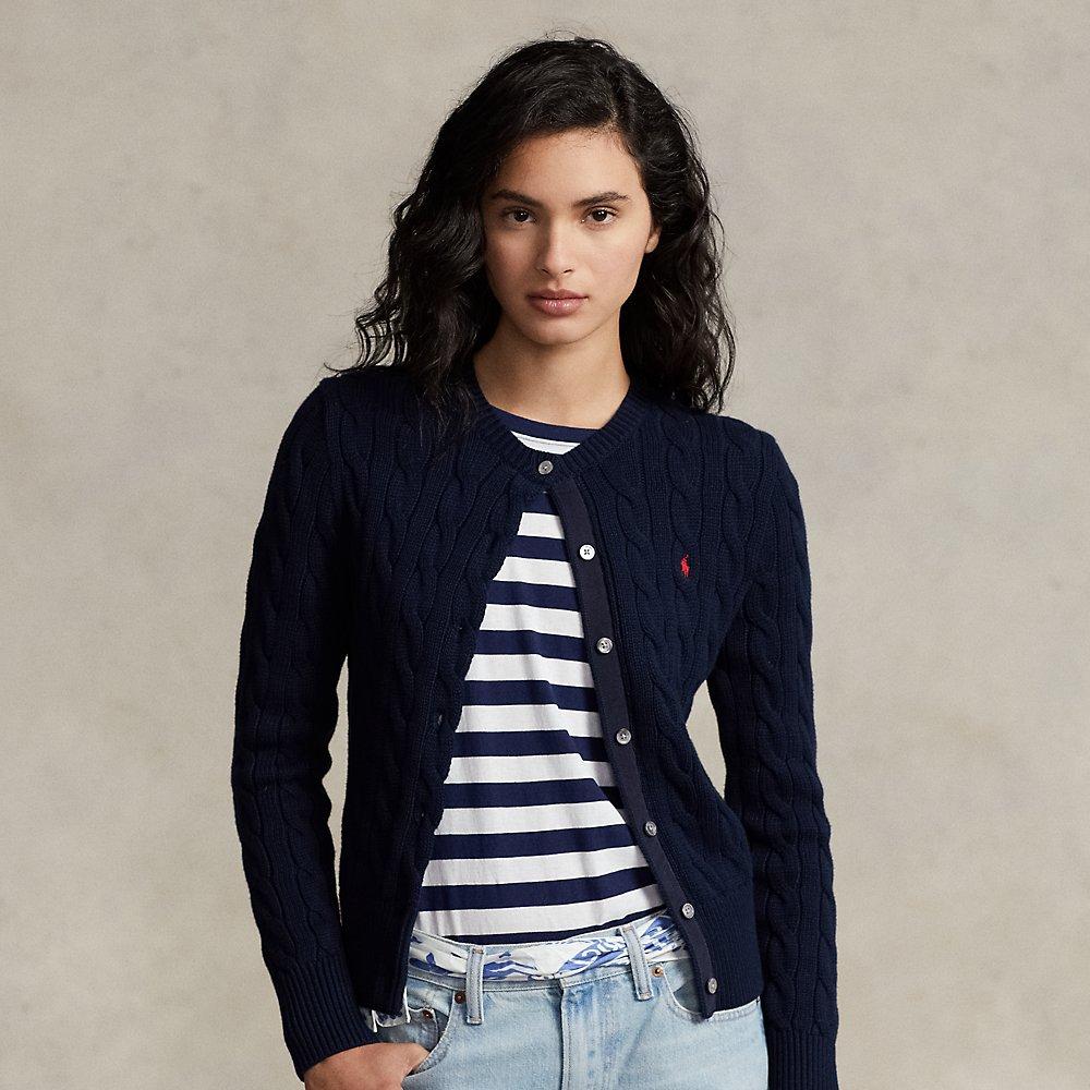 Ralph Lauren Cableknit Cotton Crewneck Cardigan in Blue Lyst