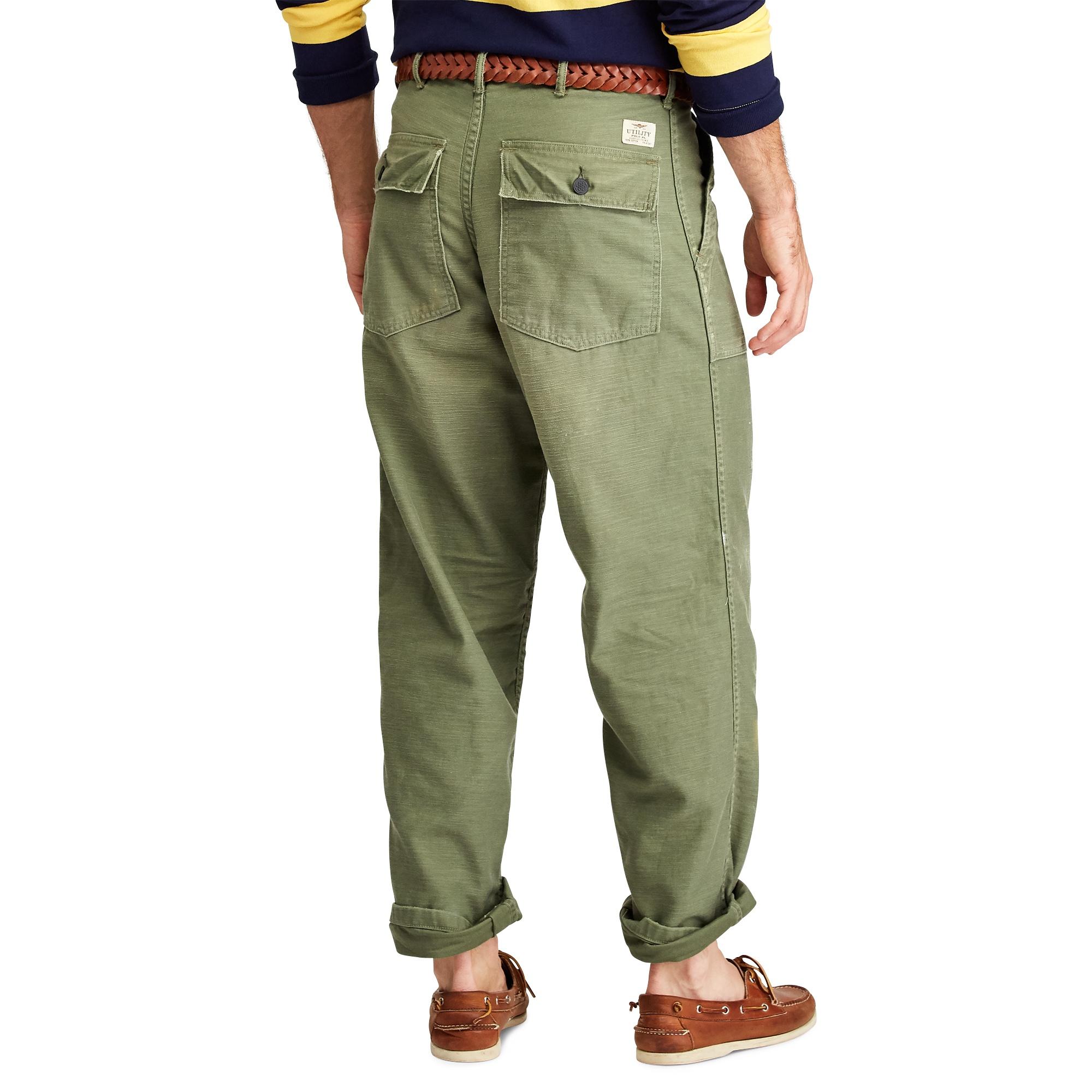 Polo Ralph Lauren Cotton Relaxed Fit Distressed Trouser in Army 