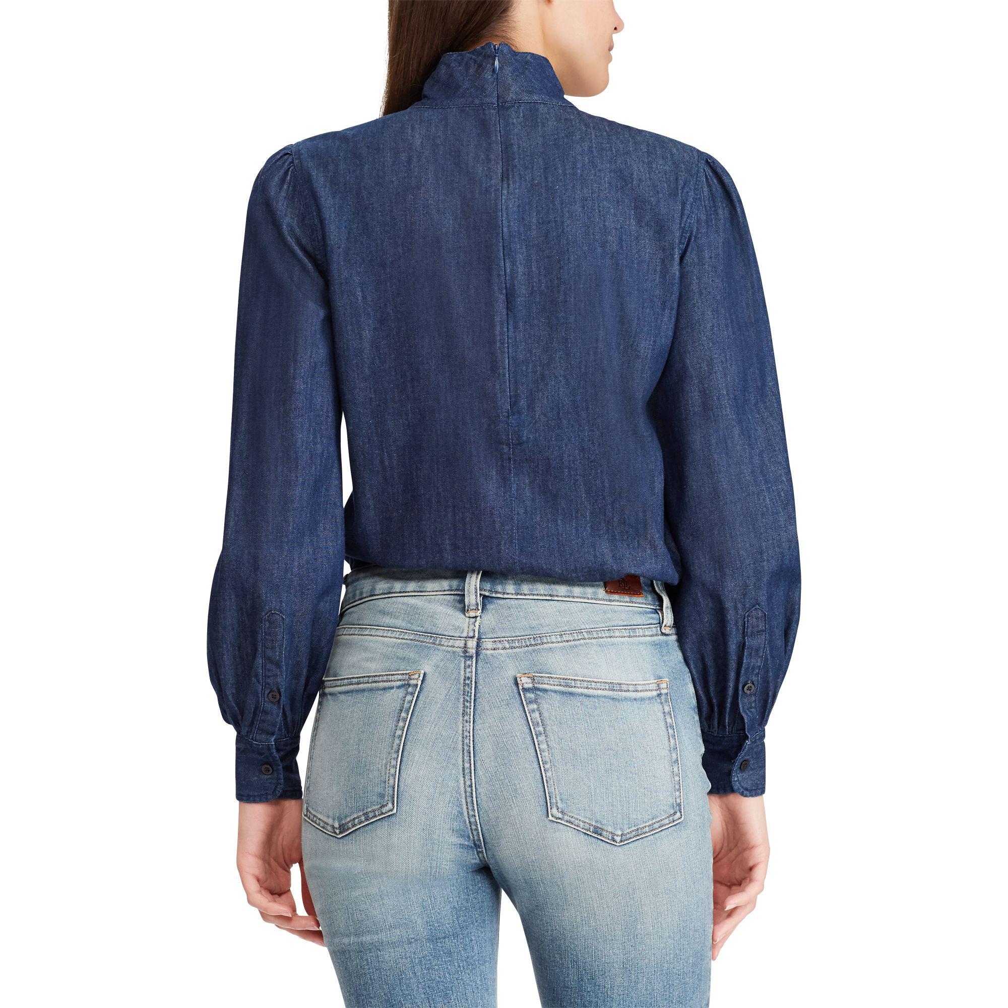 Lauren by Ralph Lauren Tie-neck Denim Shirt in Blue | Lyst