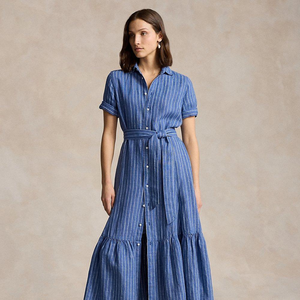 Polo Ralph Lauren Striped Linen Tiered Shirtdress in Blue | Lyst