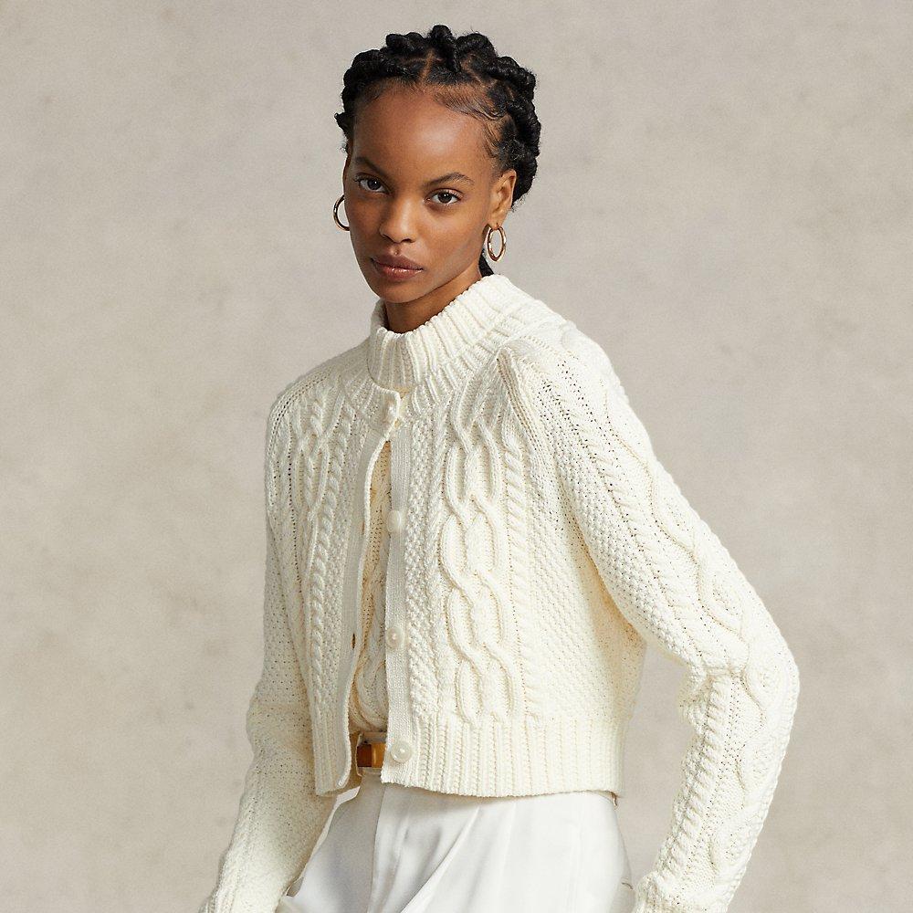 Polo Ralph Lauren Cropped Aran-knit Cotton Cardigan in Natural | Lyst