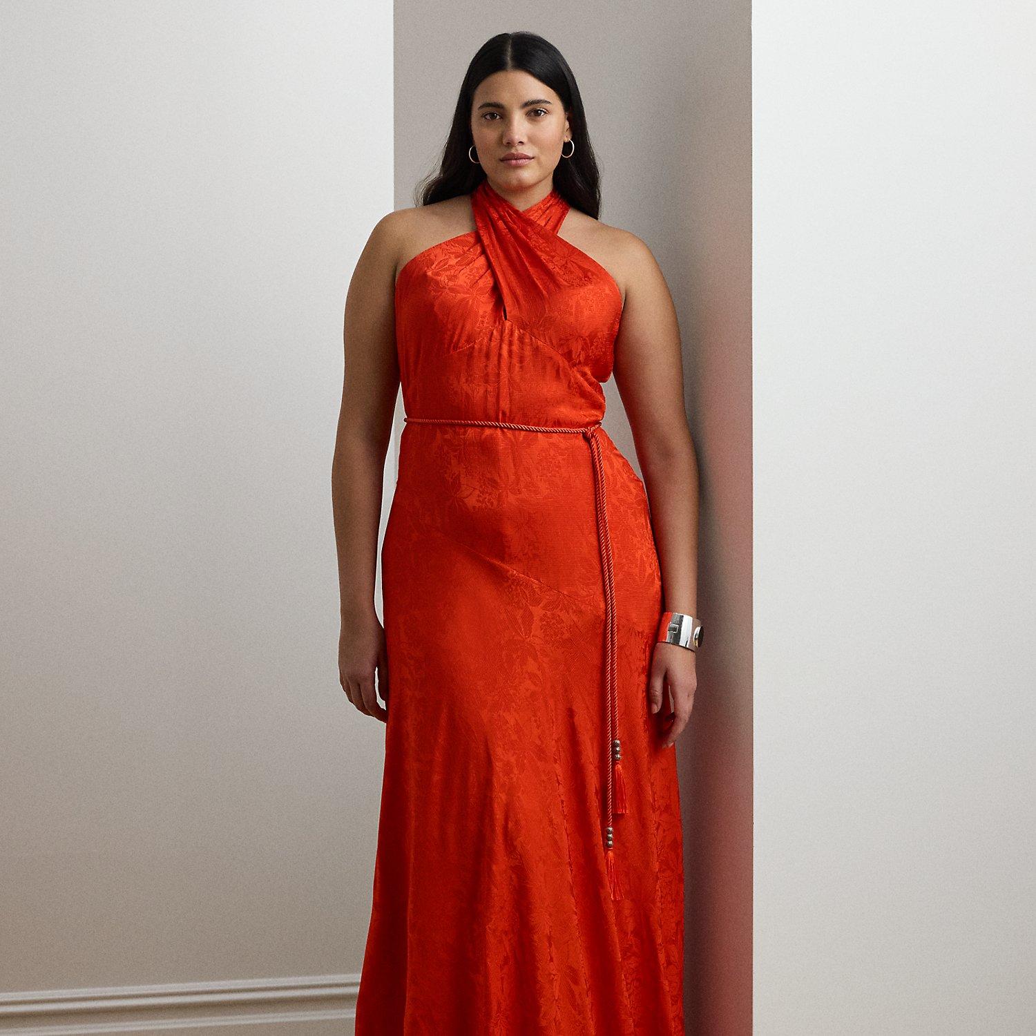 Ralph Lauren Belted Floral Jacquard Halter Gown in Red | Lyst