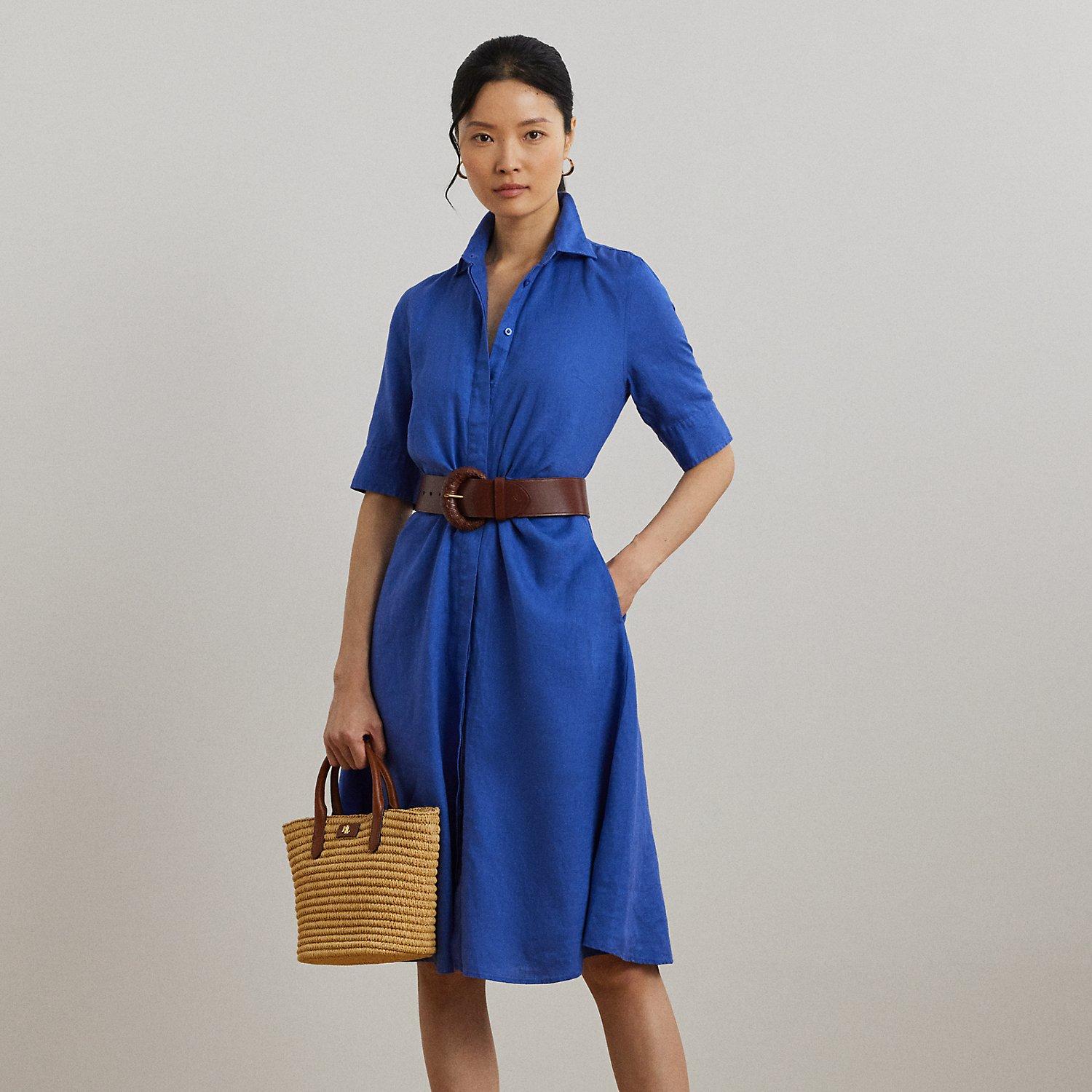 knee length dresses for ladies White Linen Woven Collared Long Sleeve Dress main image 0