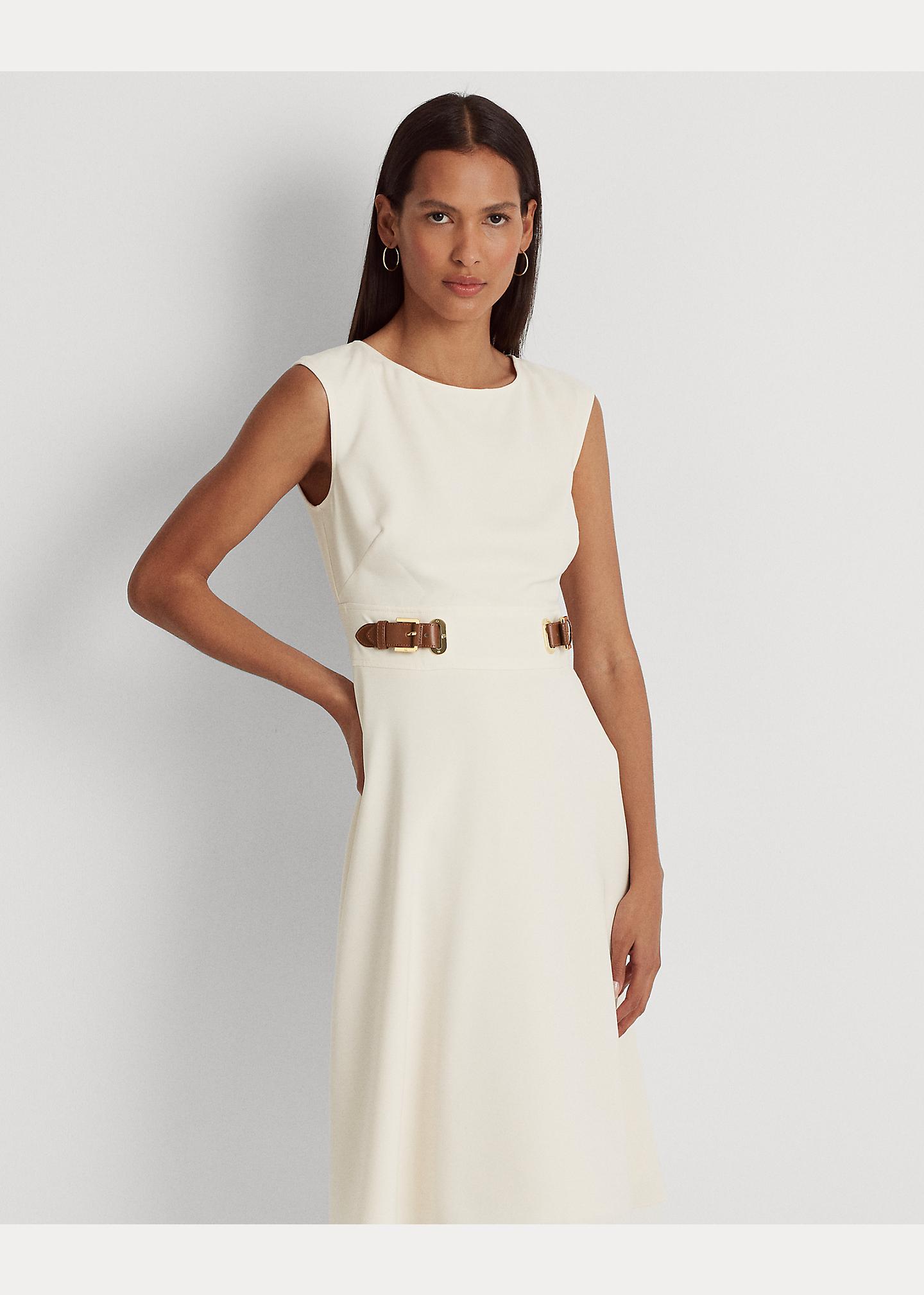 【LAUREN RALPH LAUREN】BUCKLE-TRIM DOUBLE-FACED CREPE DRESS Ralph Lauren Buckle-trim Double-faced Crepe Dress in Natural