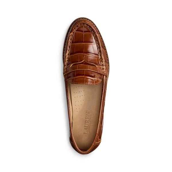 Women’s Ralph Lauren Brown Croc-Embossed Slip-On Loafers Ralph Lauren Averi Crocodile-Embossed Leather Loafers In  main image 4