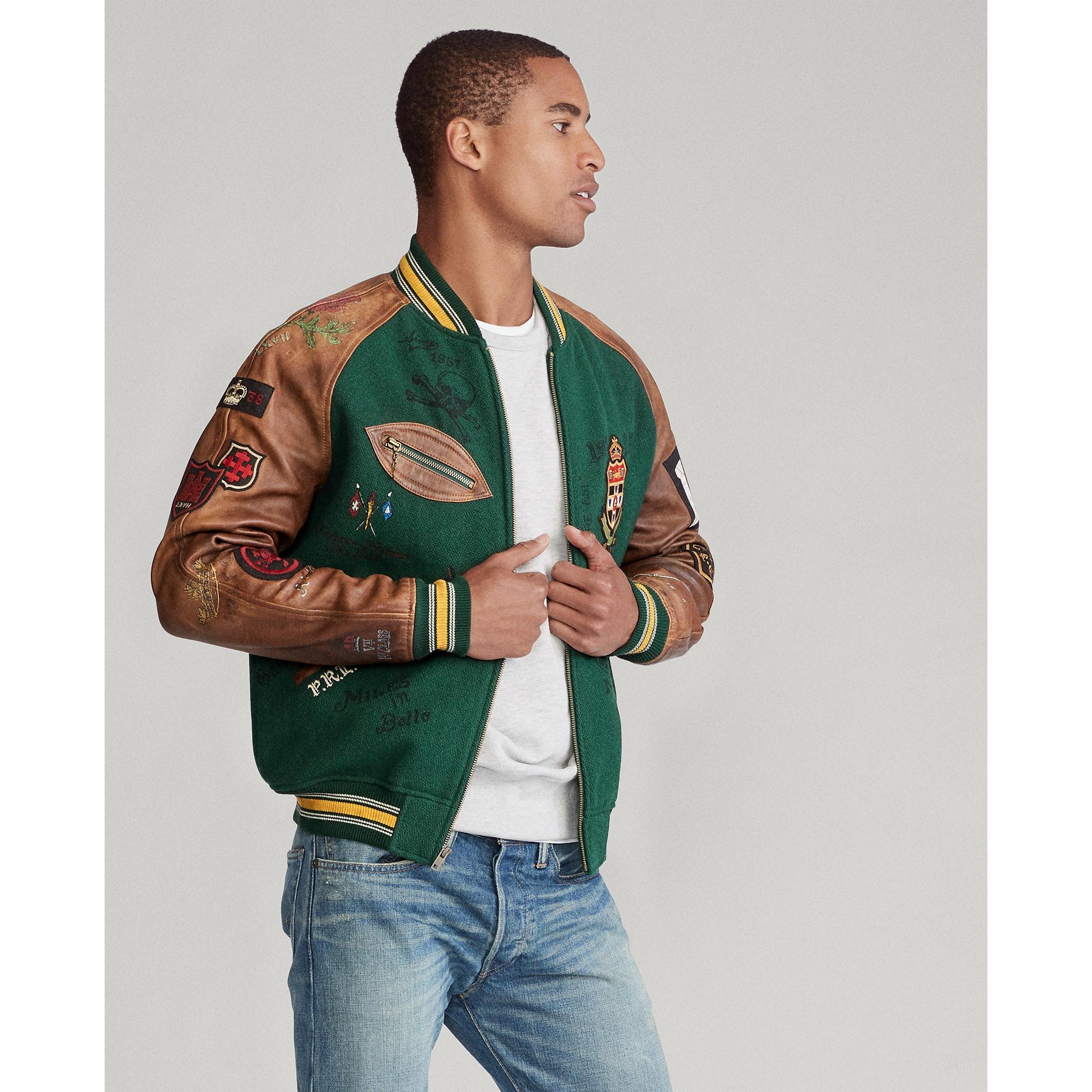 Ralph Lauren Gent's Size Medium Varsity Inspired Wool & Leather Jacket  Green New