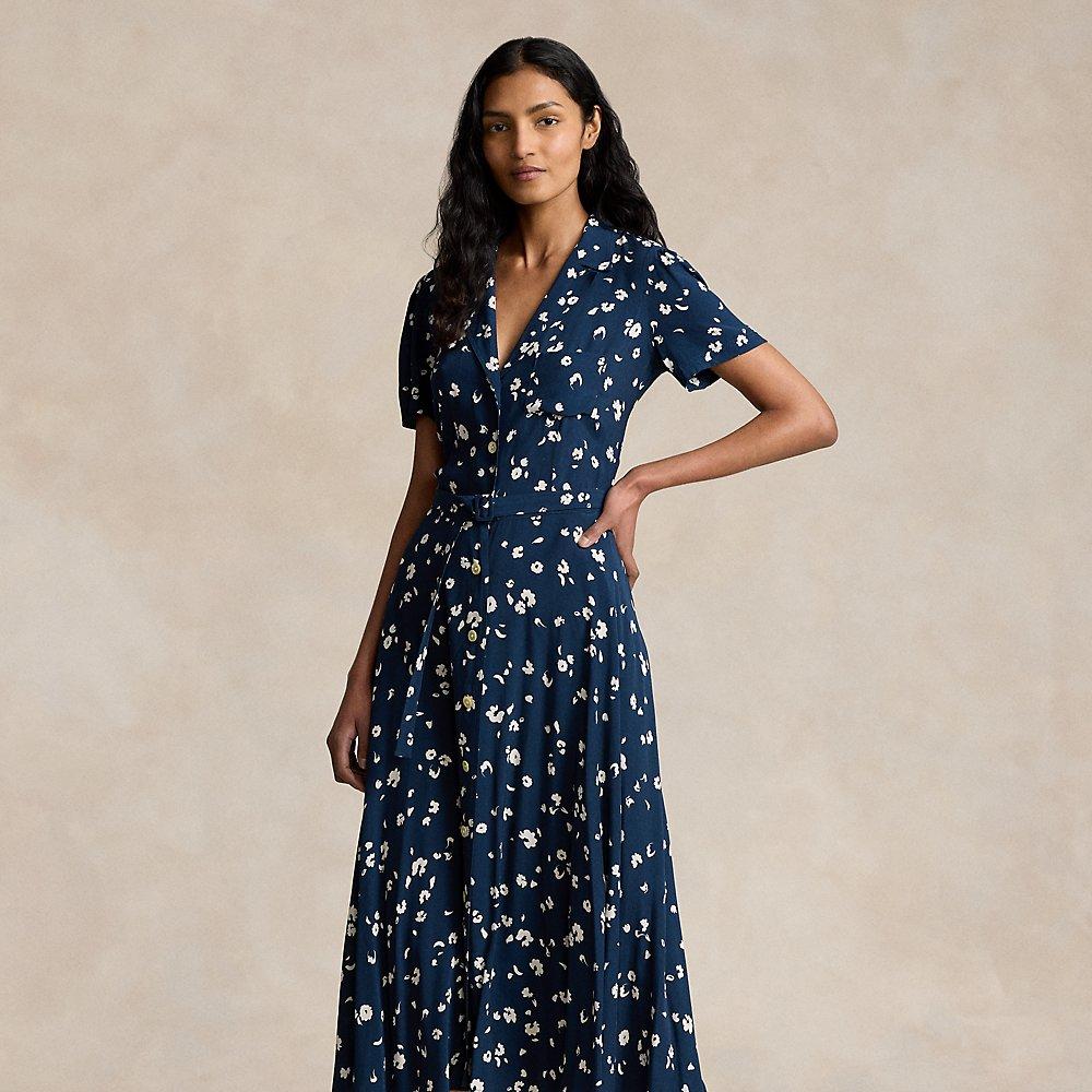 Polo Ralph Lauren Gebloemde Crepe Jurk Met Korte Mouw in het Blauw Lyst NL