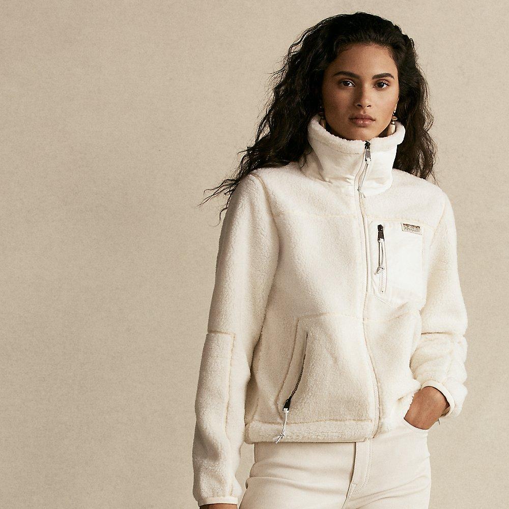 Polo Ralph Lauren Leather-trim Fleece Zip Jacket in Natural | Lyst
