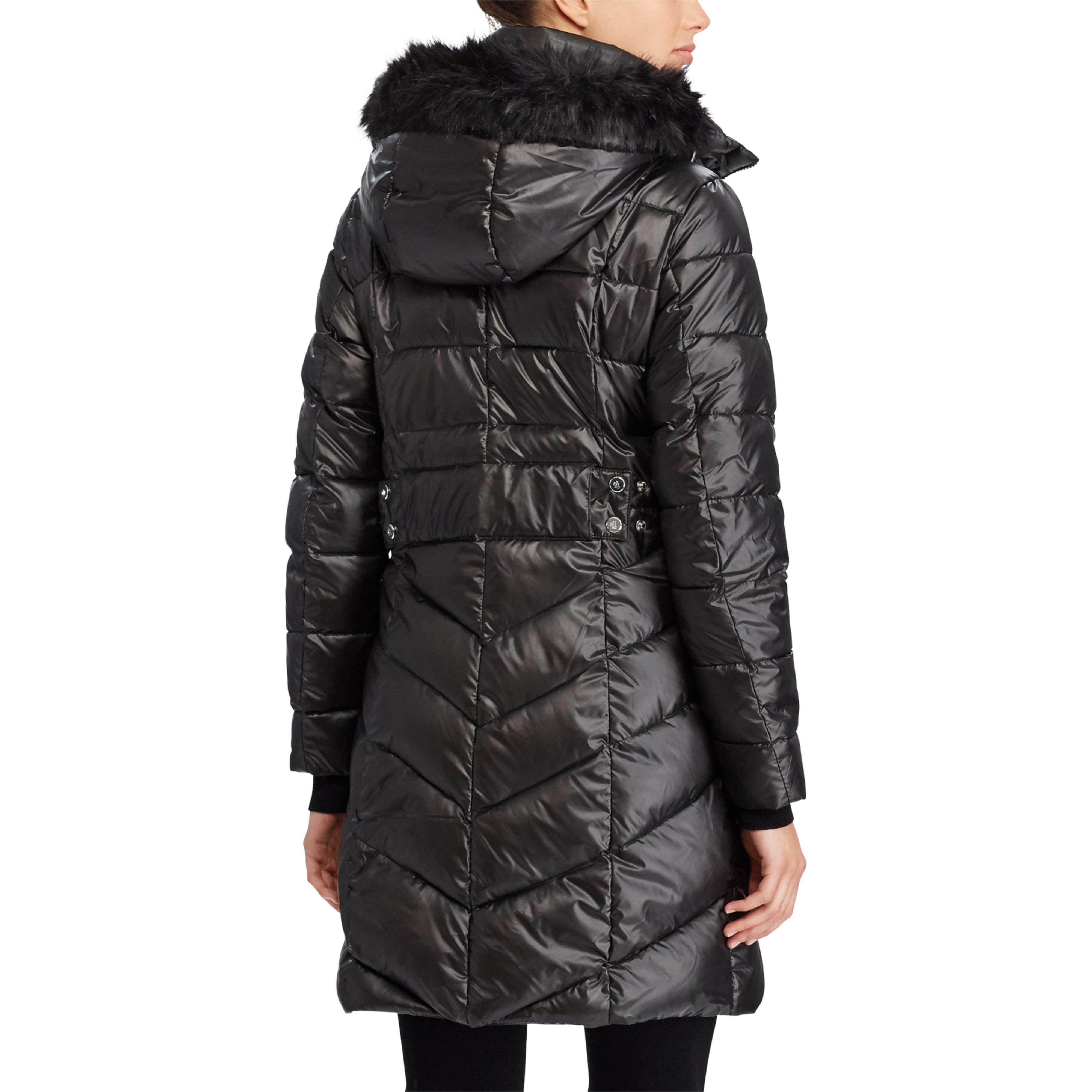 Ralph Lauren Black Faux Fur Trim Quilted Coat