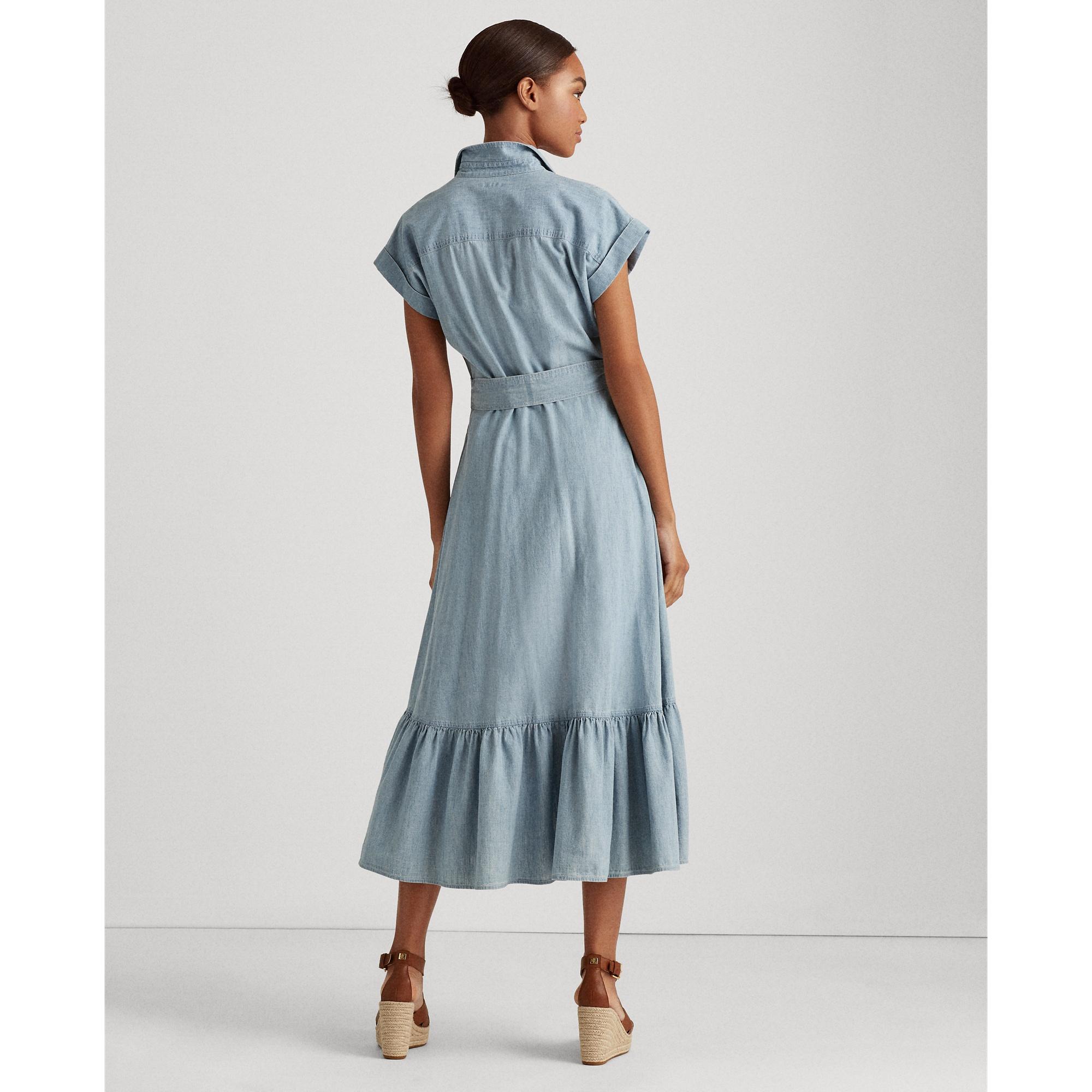 Ralph Lauren Belted Chambray Shirtdress in Blue | Lyst