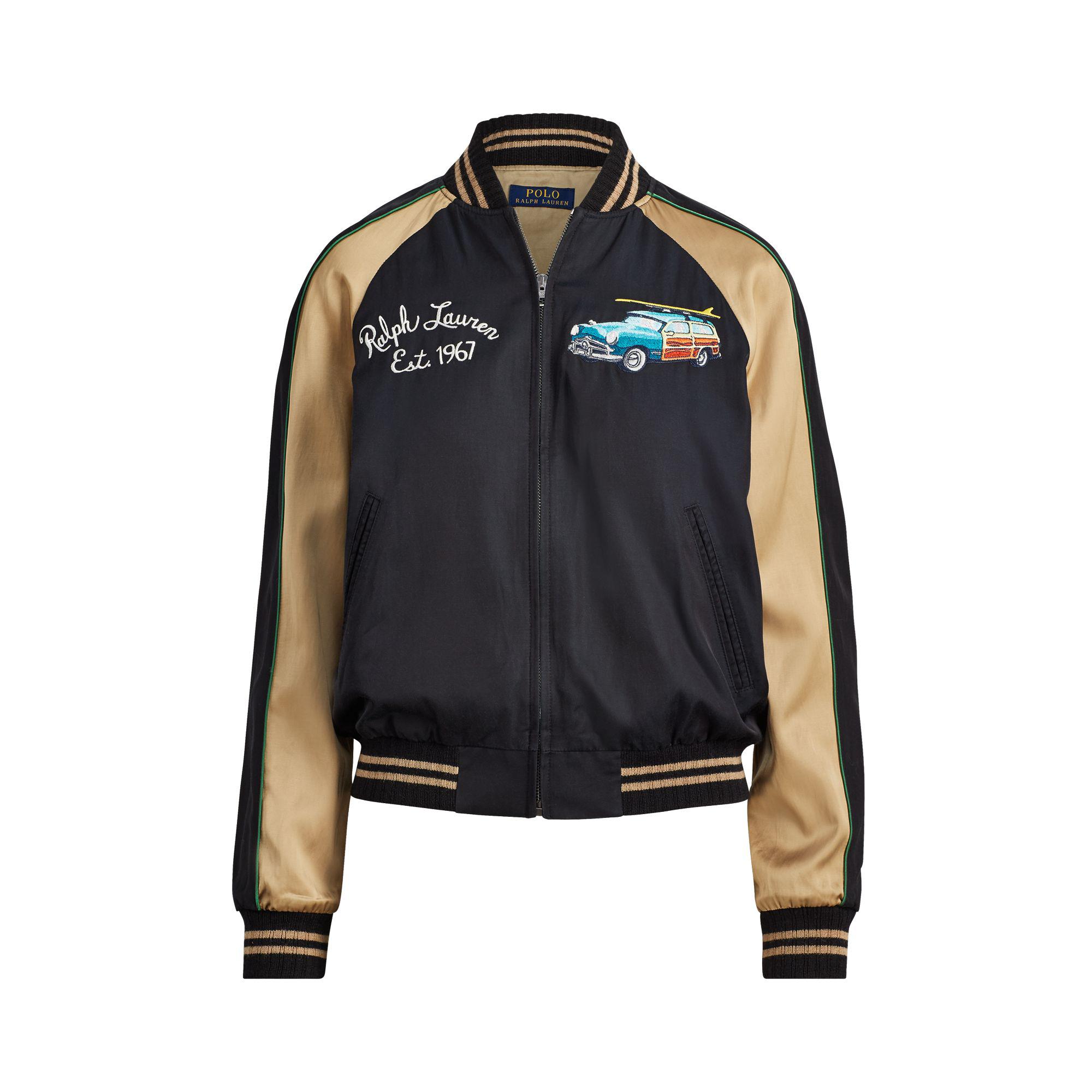 Polo Ralph Lauren Hawaii Satin Bomber Jacket in Black | Lyst