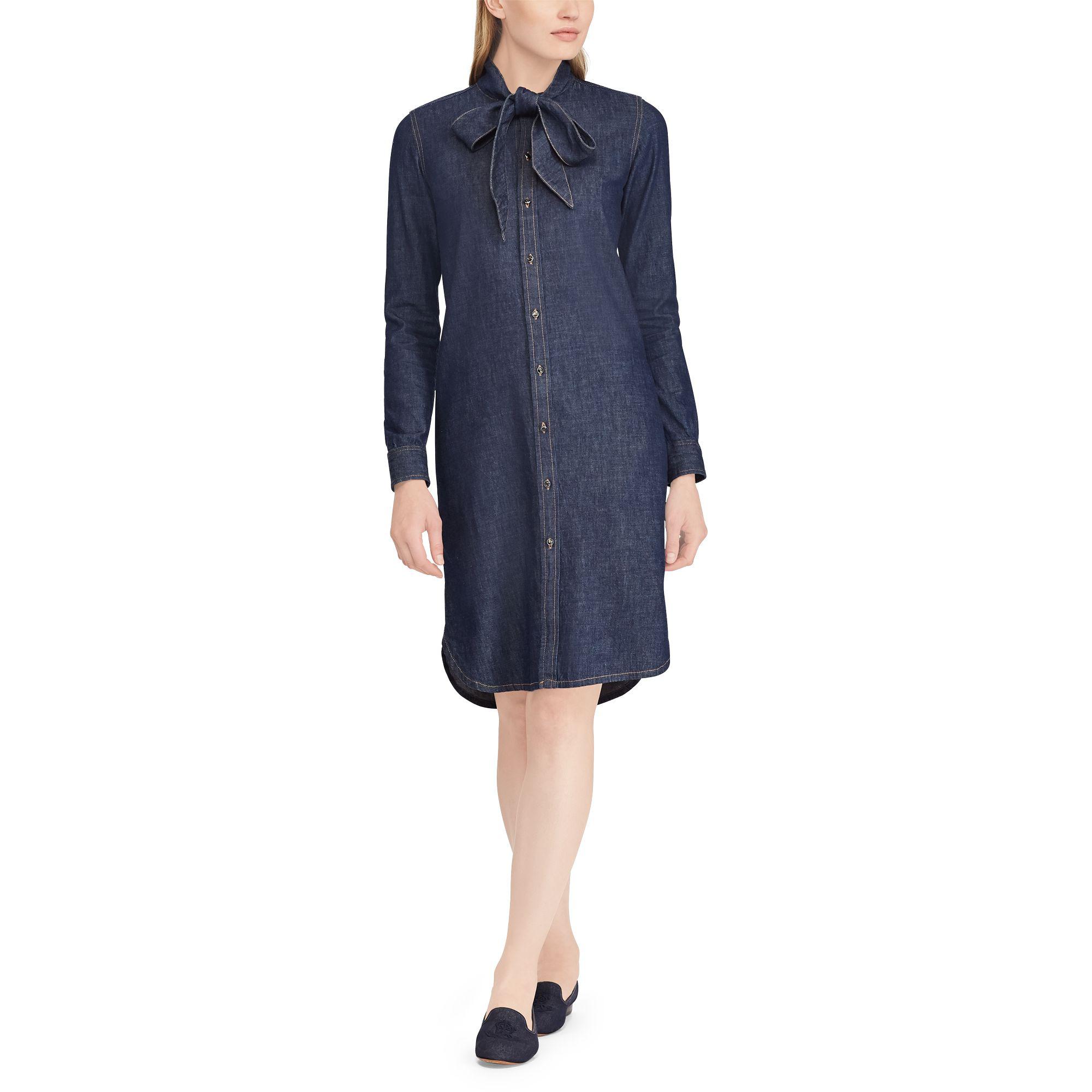 tie neck denim dress