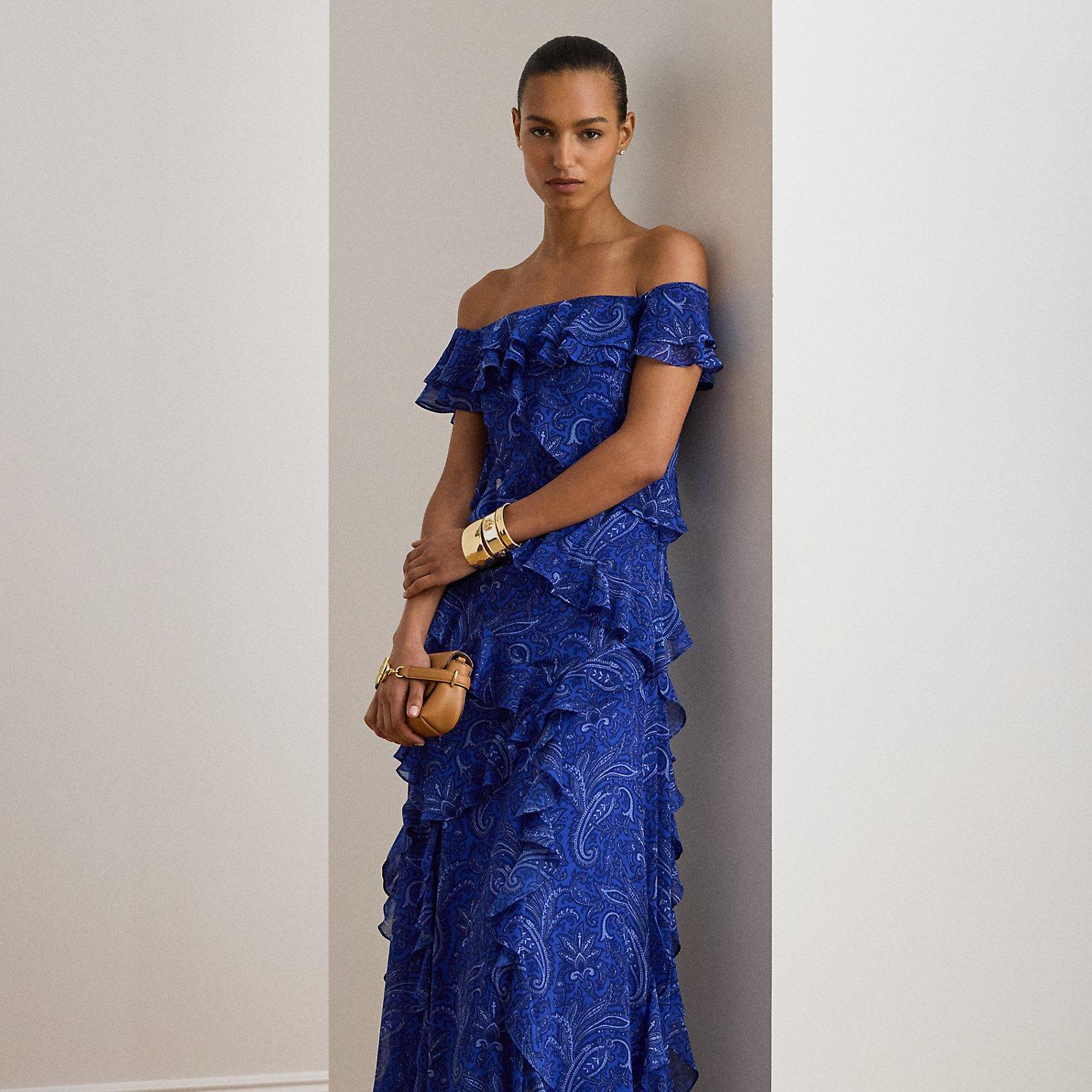 ralph lauren off the shoulder lace dress Lauren Ralph Lauren Womens Petites Lace Off-The-Shoulder Cocktail Dress Blue 0P