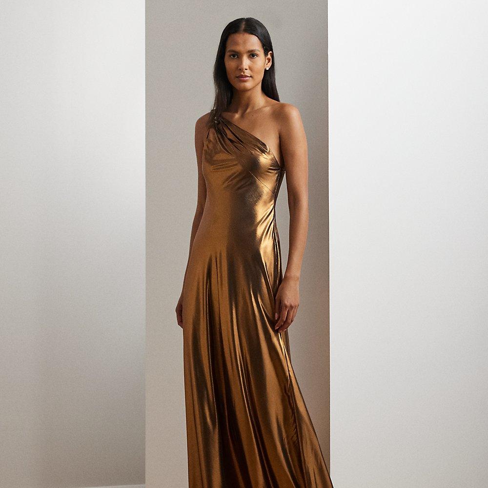 ワンピース LAUREN RALPH LAUREN Woman Dress Brown 200905667 016 Ralph Lauren Ralph Lauren Metallic Chiffon One-Shoulder Gown