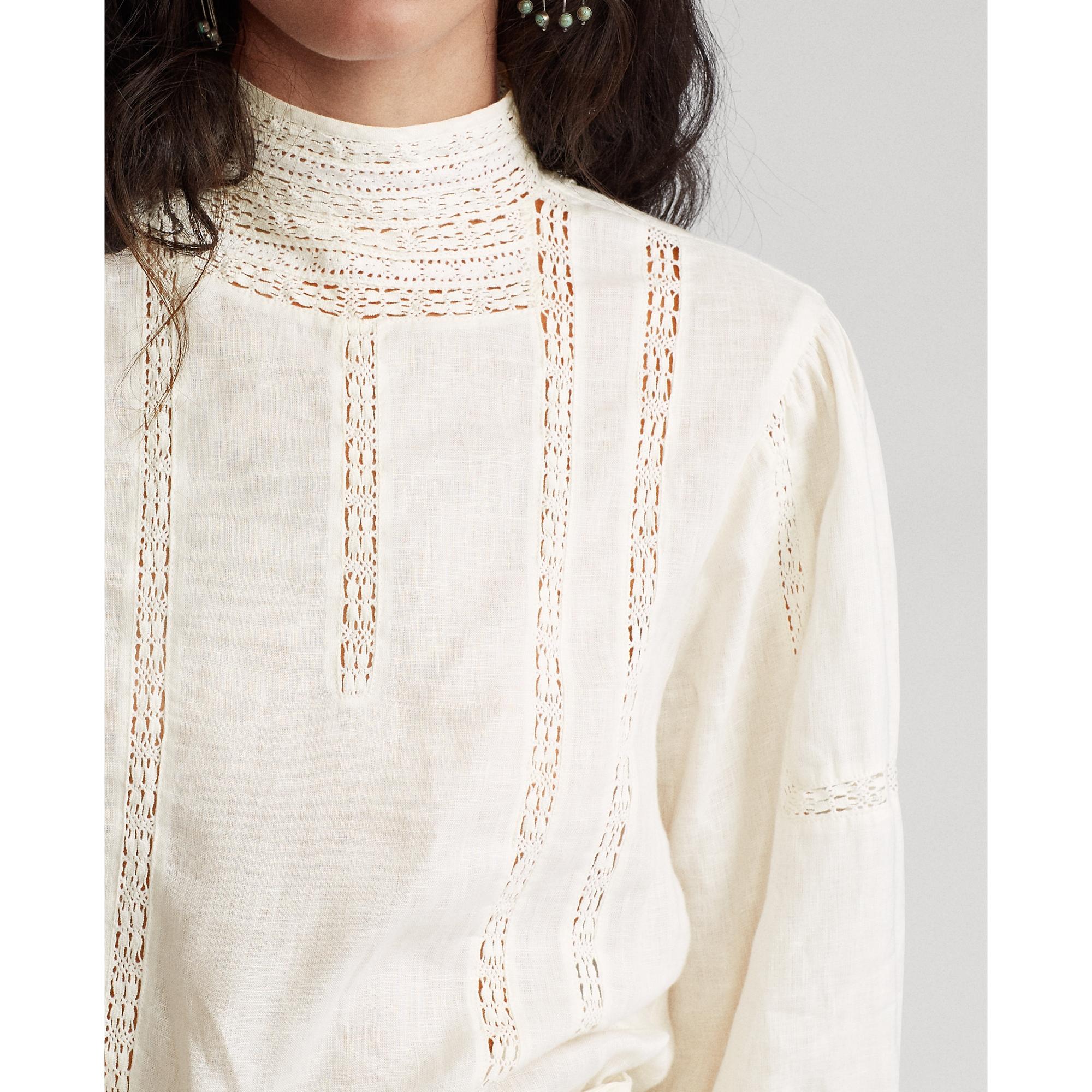 Polo Ralph Lauren Lace-trim Linen Blouse in Natural | Lyst