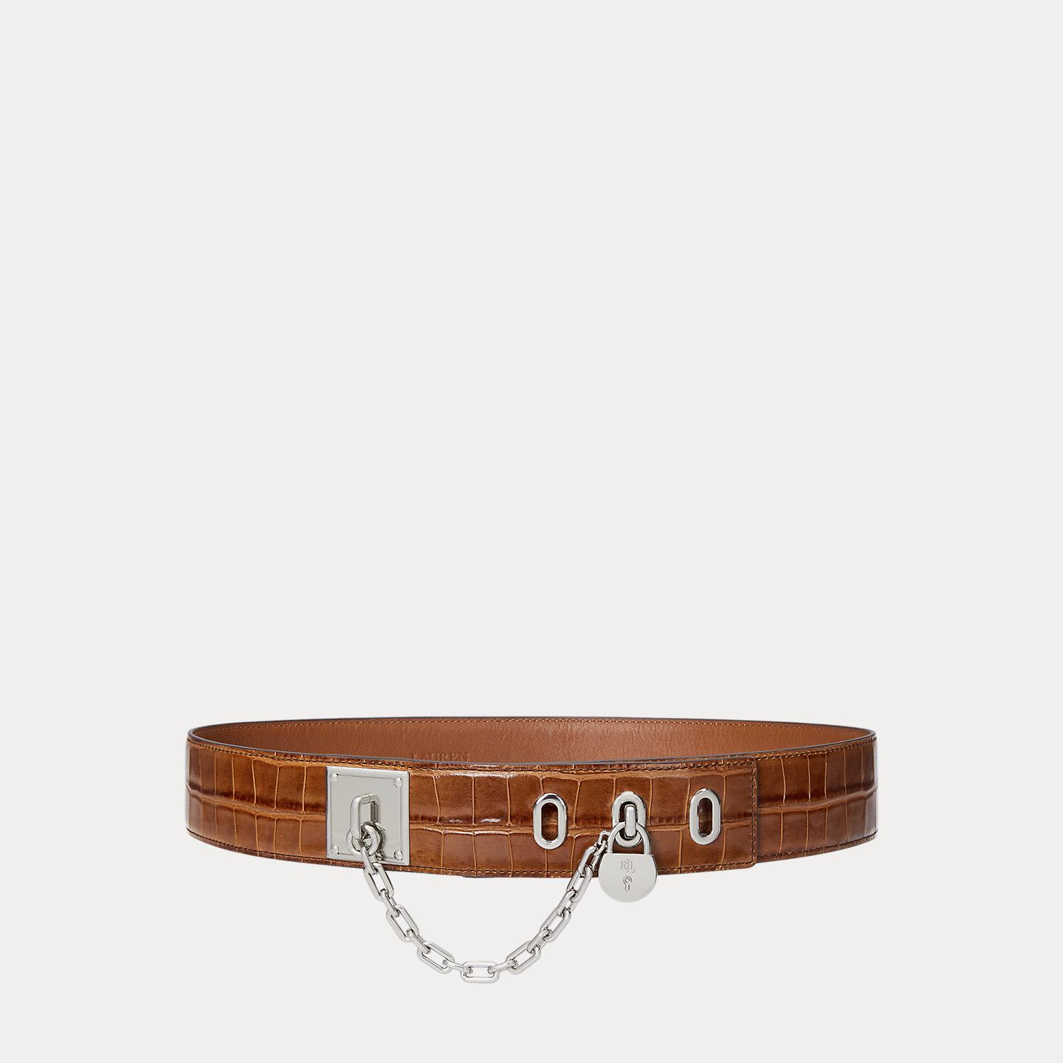 Ralph Lauren Croc-Embossed Chain Padlock Wide Belt in Brown 