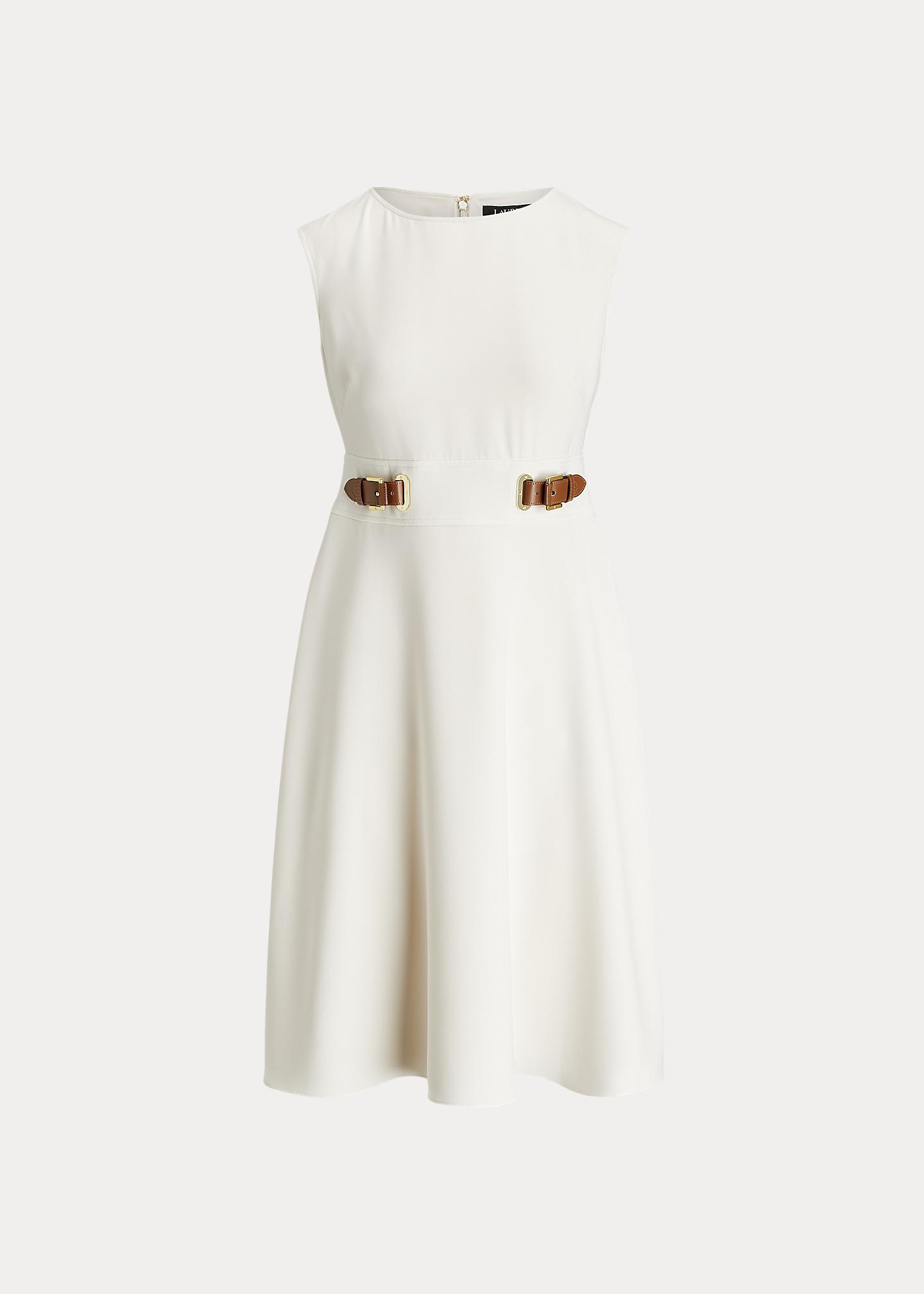 【LAUREN RALPH LAUREN】BUCKLE-TRIM DOUBLE-FACED CREPE DRESS Polka-Dot Belted Crepe Dress