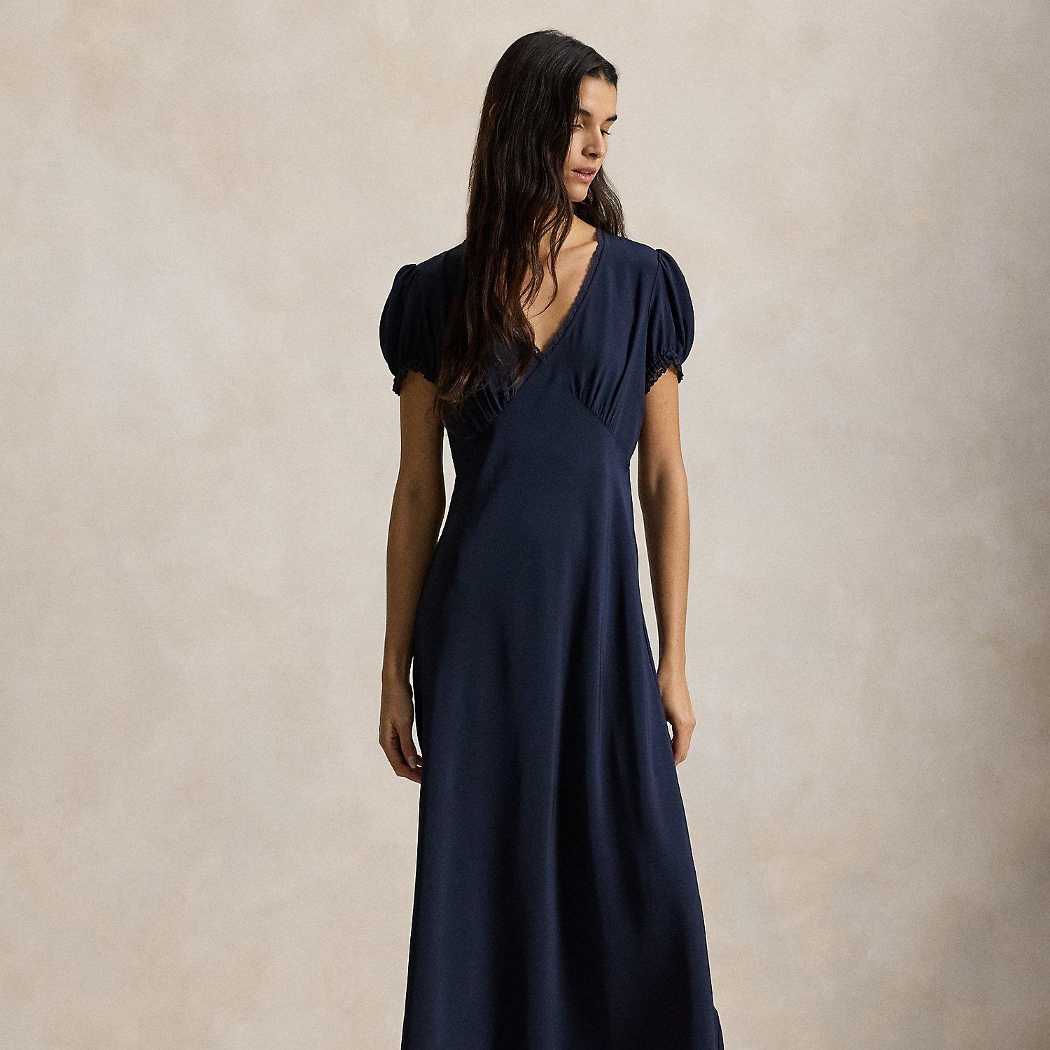 Ralph Lauren Lace-Trim Silk Dress in Blue | Lyst Canada Ralph Lauren Lace-Trim Silk Dress in Blue | Lyst Canada