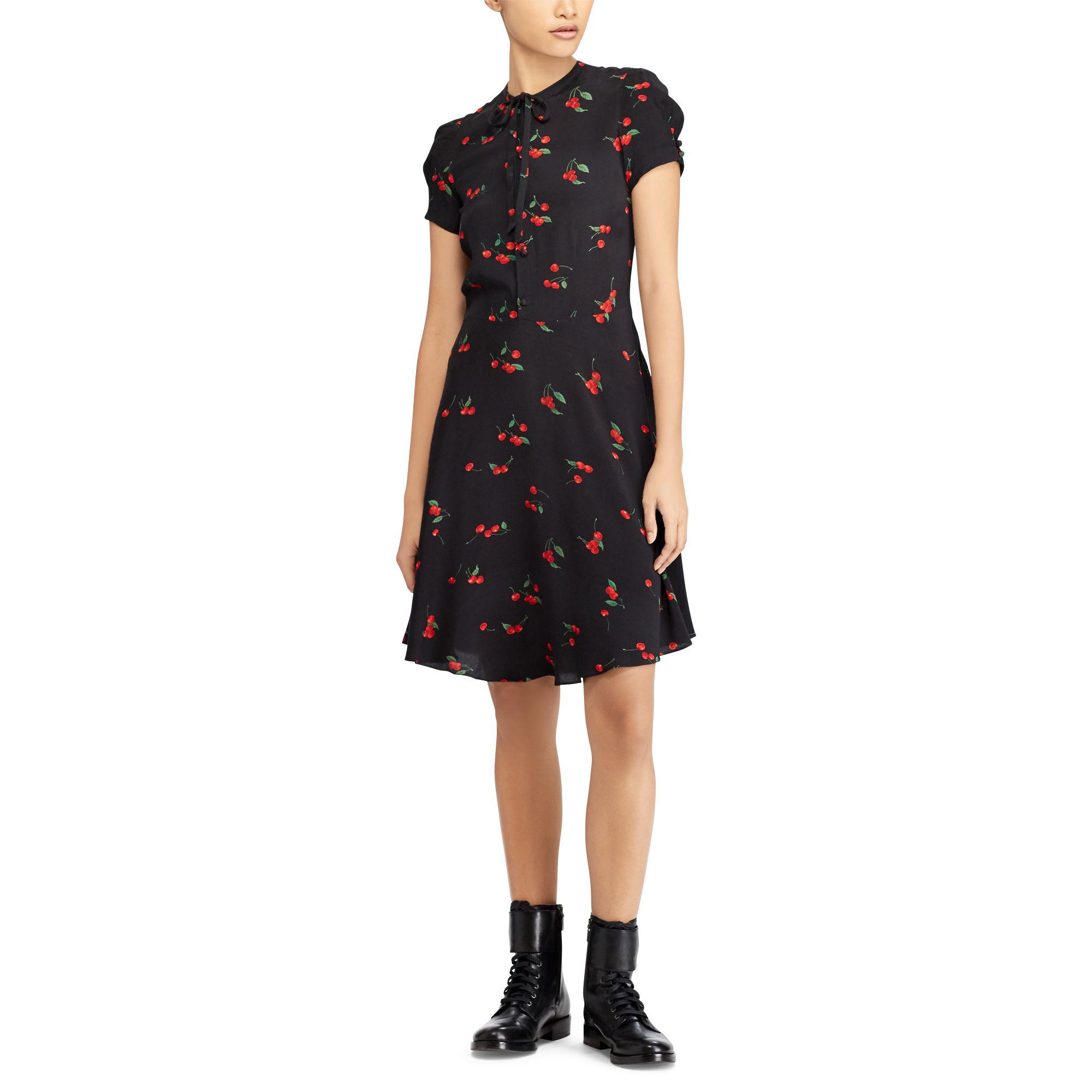 Polo Ralph Lauren Synthetic Cherry-print Crepe Dress in Black - Lyst