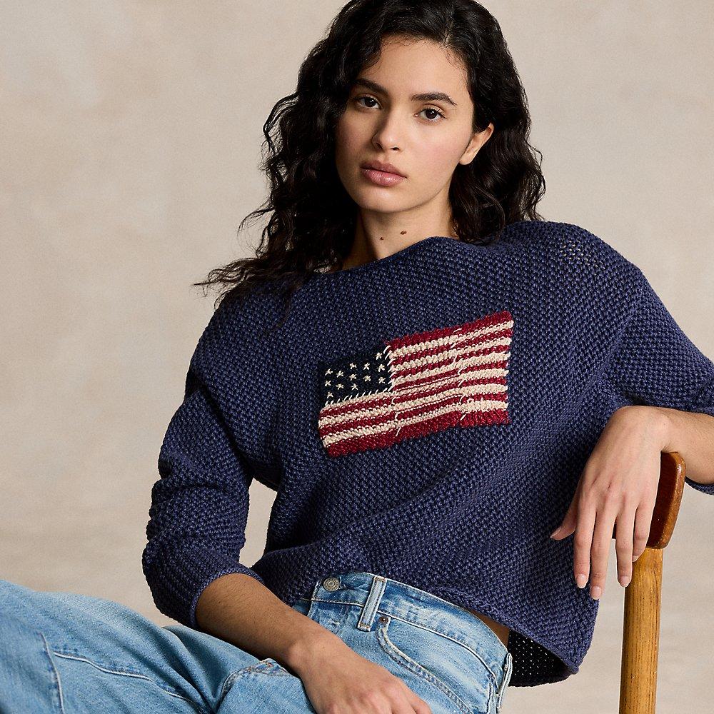 Polo Ralph Lauren Flag Pointelle Cotton-linen Jumper in Blue | Lyst