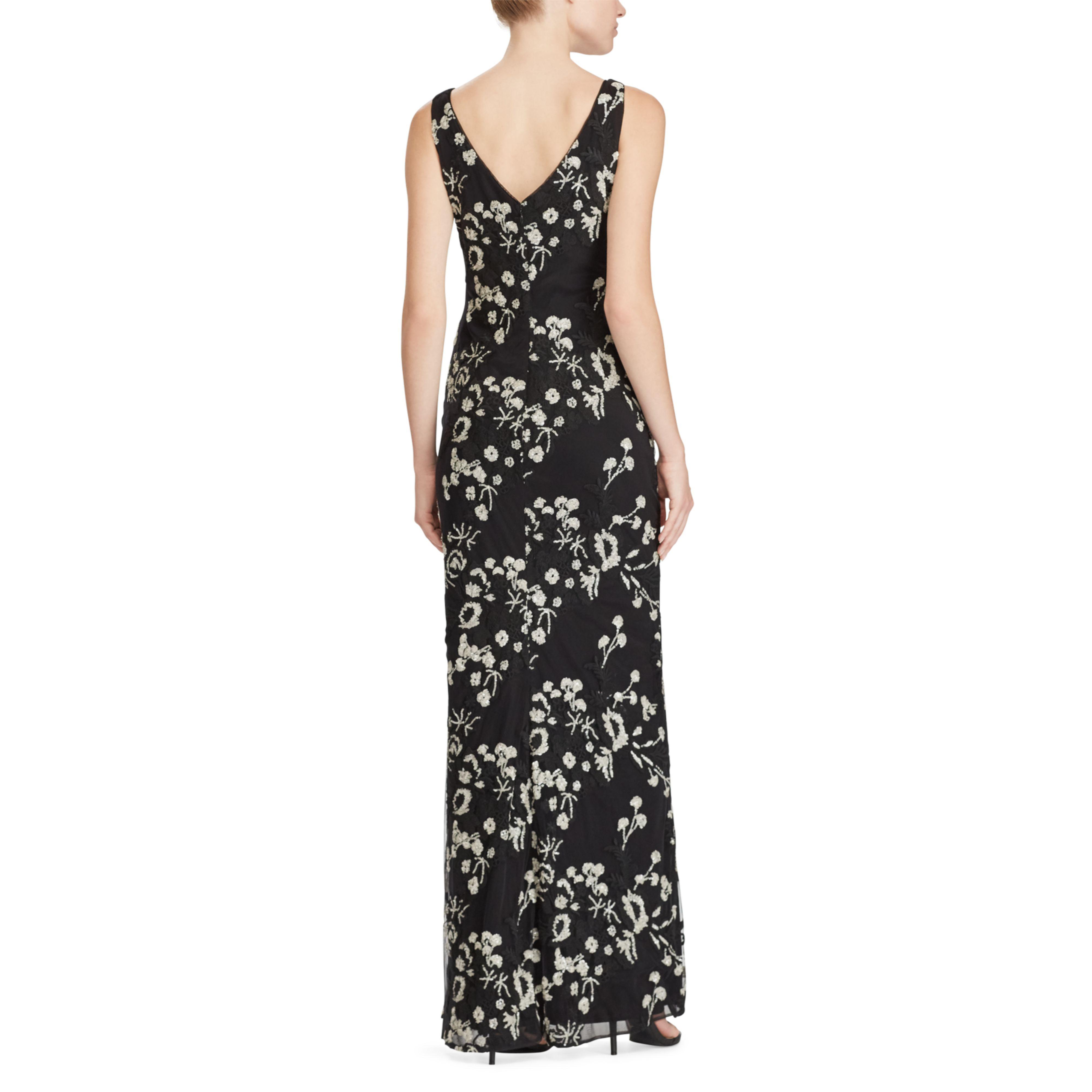 Ralph Lauren Synthetic Floral Embroidered Mesh Gown in Black - Lyst
