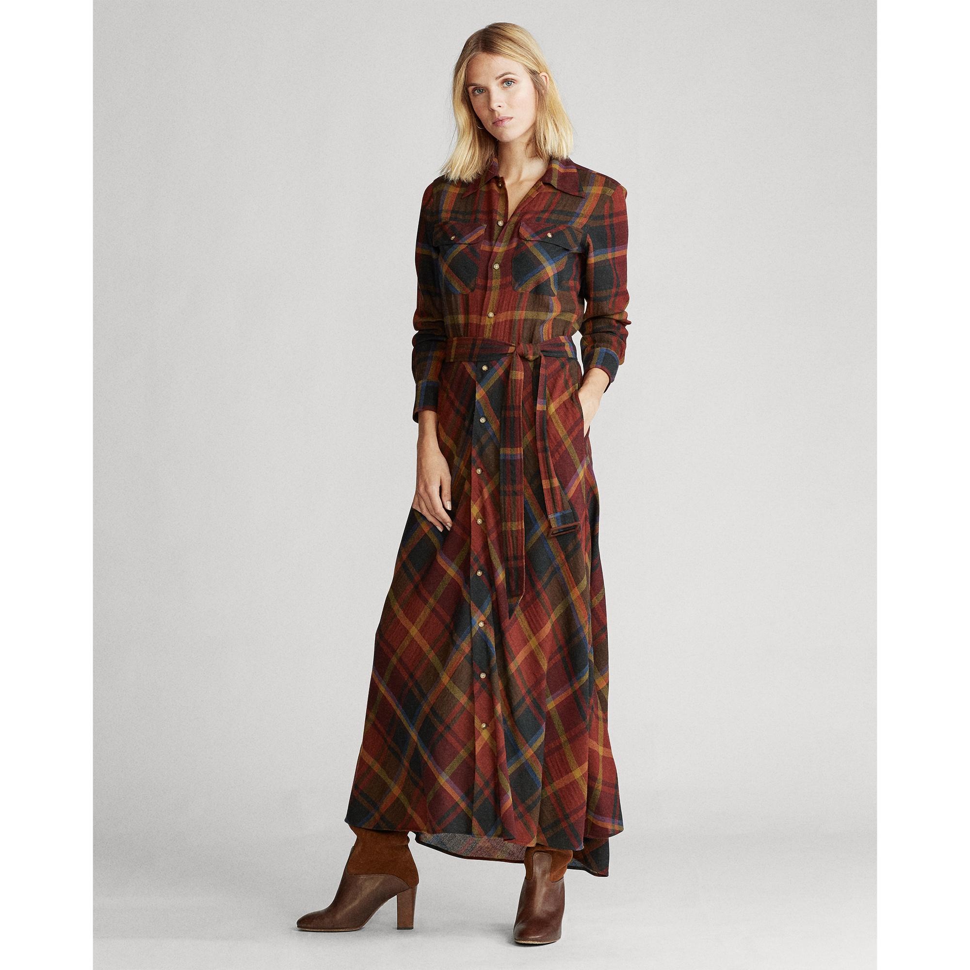 Polo Ralph Lauren Plaid Wool Shirtdress in Brown - Lyst