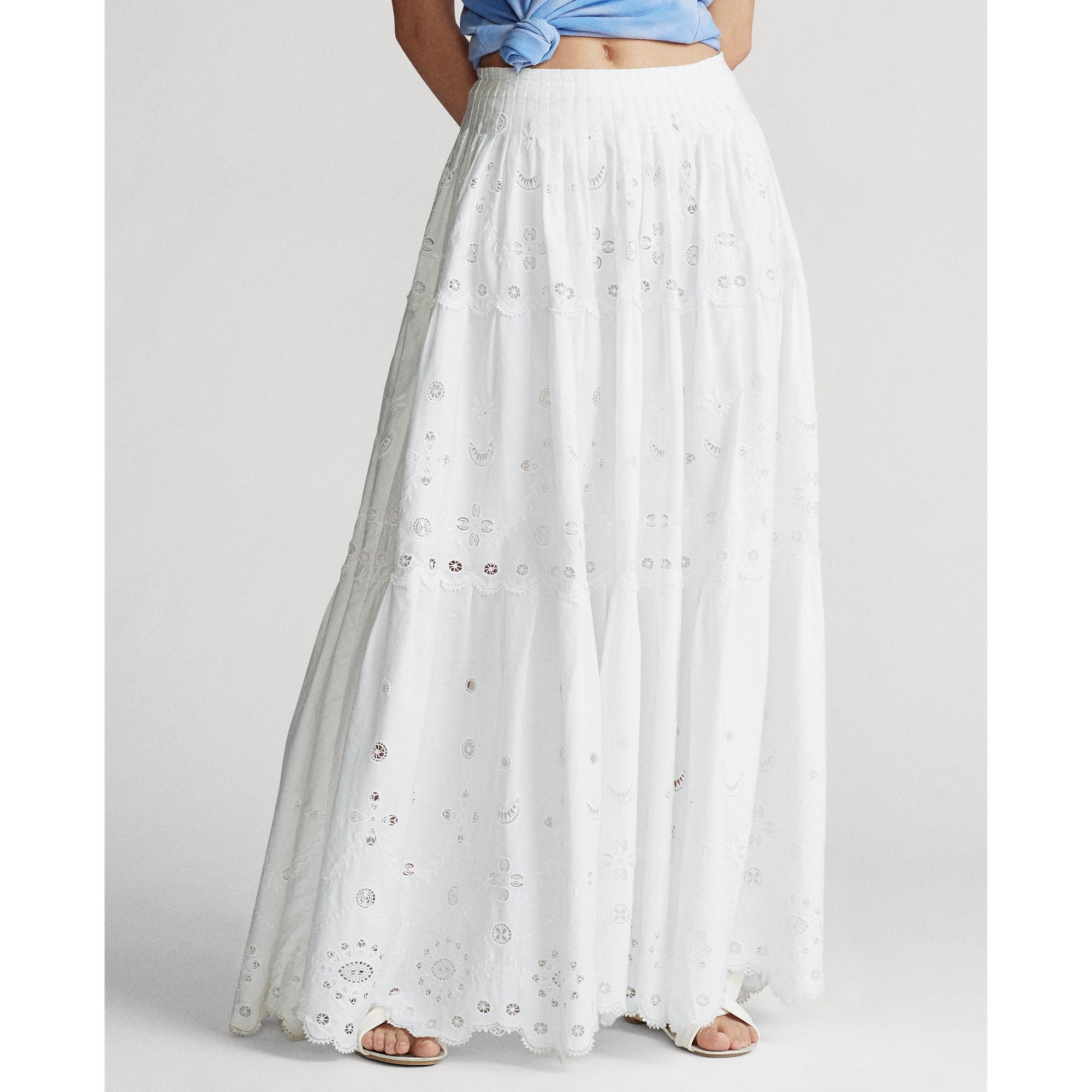 Polo Ralph Lauren Eyelet Tiered Poplin Skirt in White | Lyst
