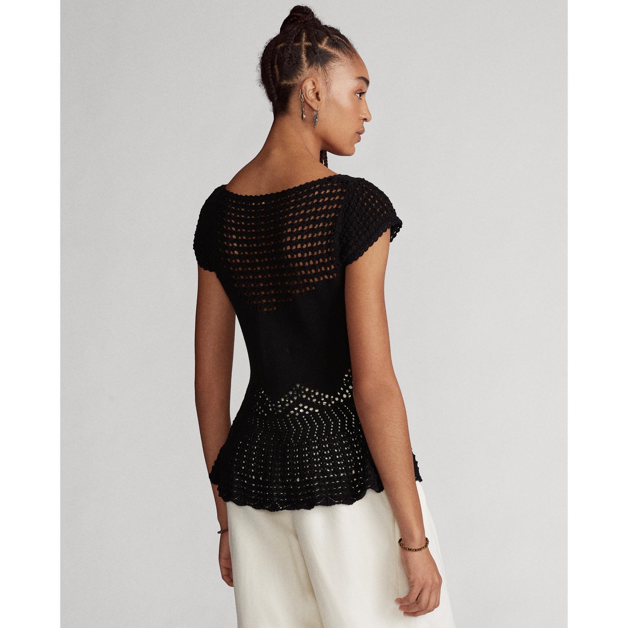 Ralph Lauren Cotton Pointelle Peplum Top in Black - Lyst