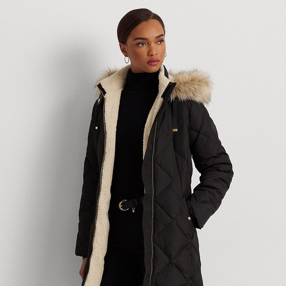 Lauren by Ralph Lauren Ralph Lauren Faux-fur-trim Hooded Down Coat in Black  | Lyst