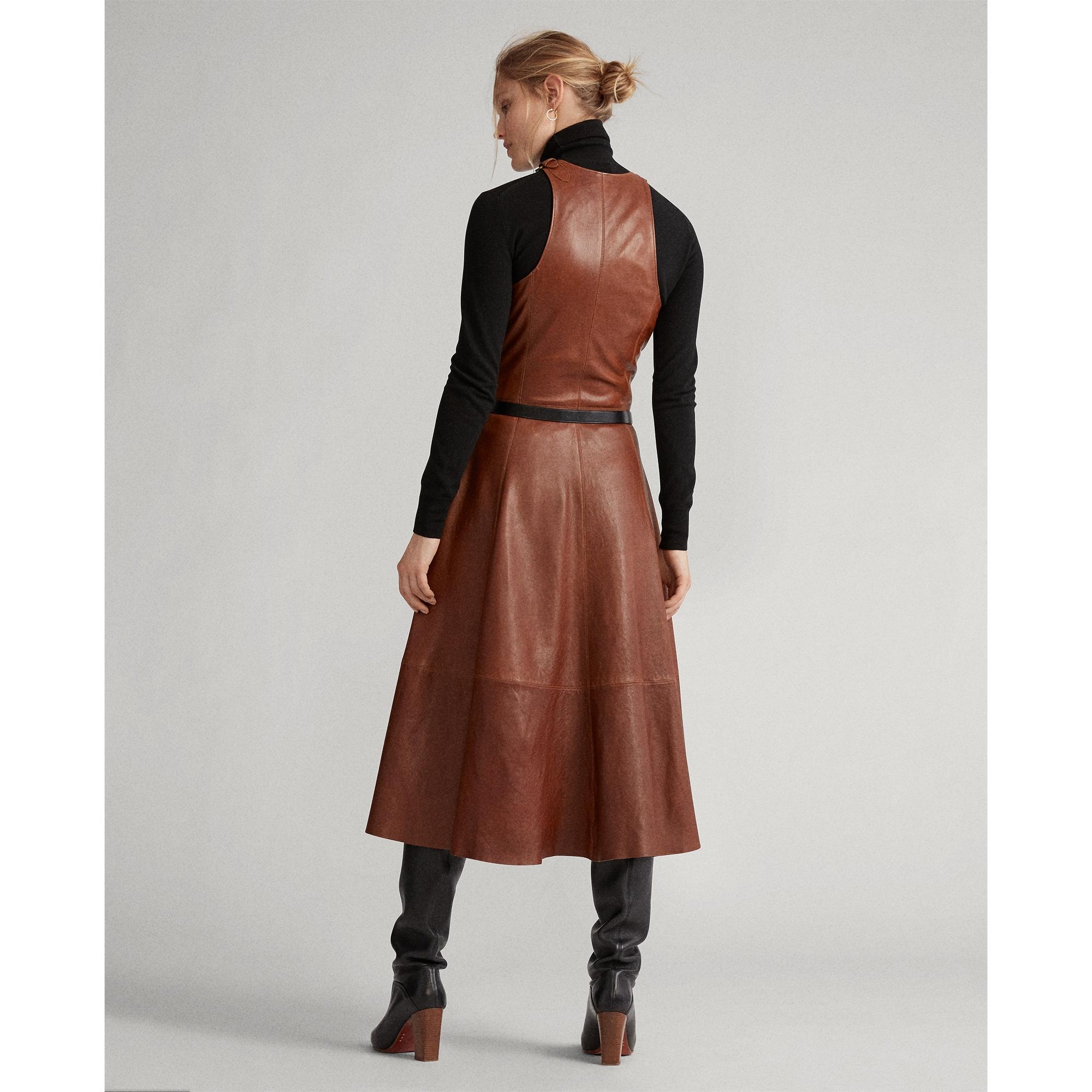 Polo Ralph Lauren Leather Lambskin Fit-and-flare Dress in Brown | Lyst
