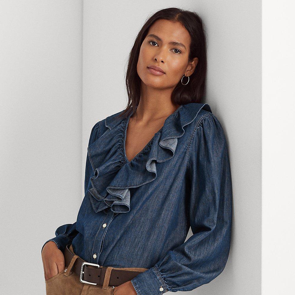 Lauren by Ralph Lauren Ralph Lauren Ruffle-trim Denim Blouse in Blue | Lyst