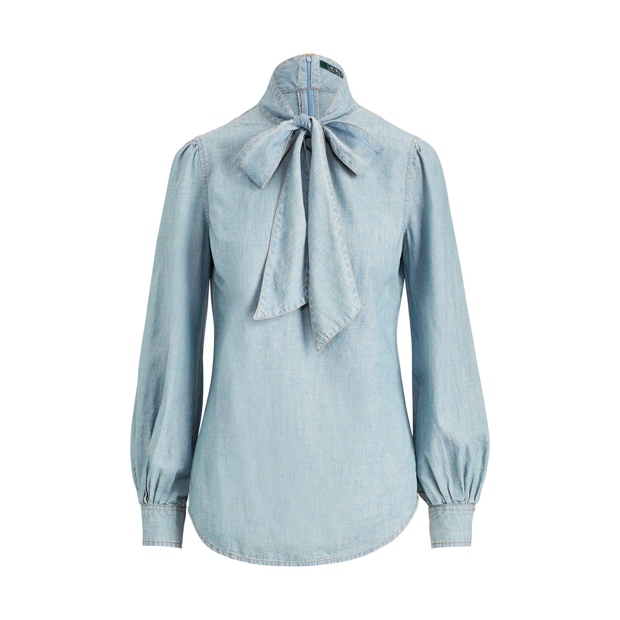 Lauren by Ralph Lauren Tie-neck Chambray Shirt in Blue | Lyst
