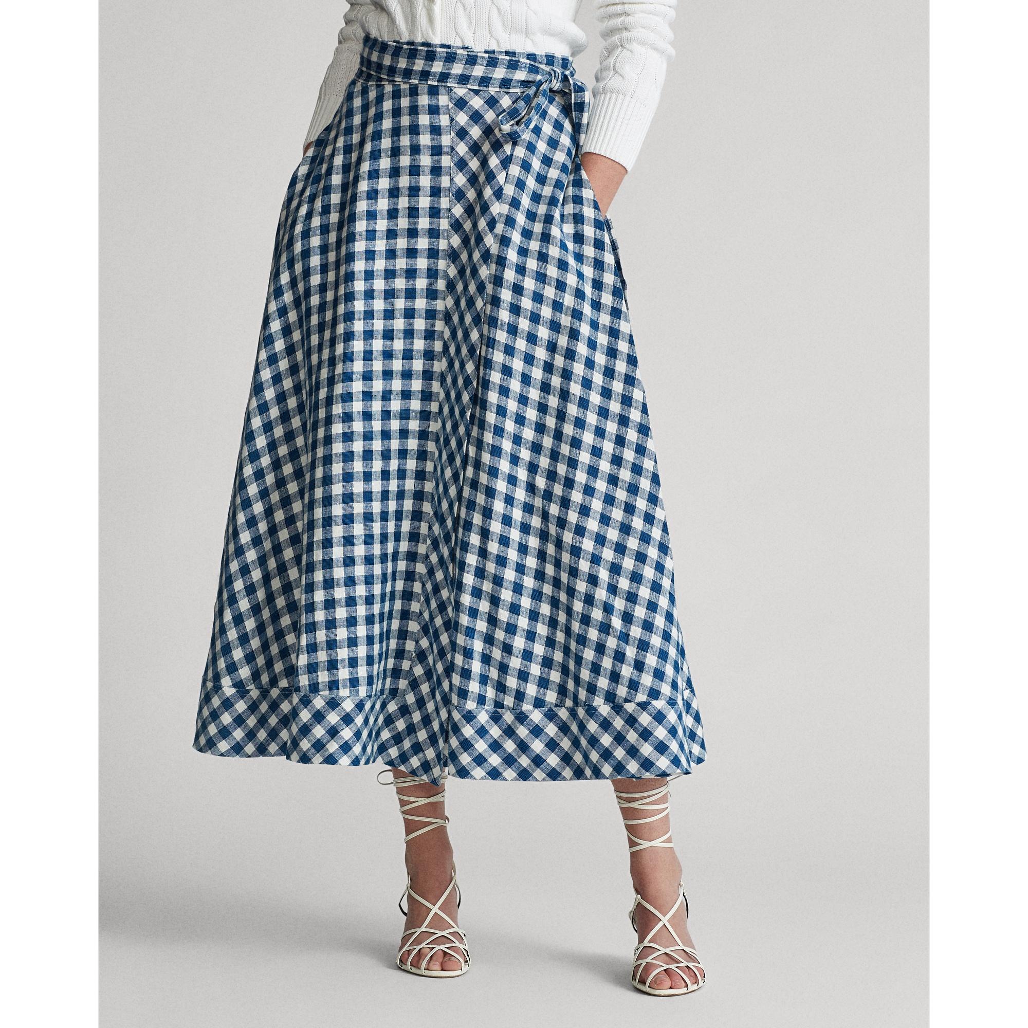 Polo Ralph Lauren Gingham Linen Wrap Skirt in Blue | Lyst