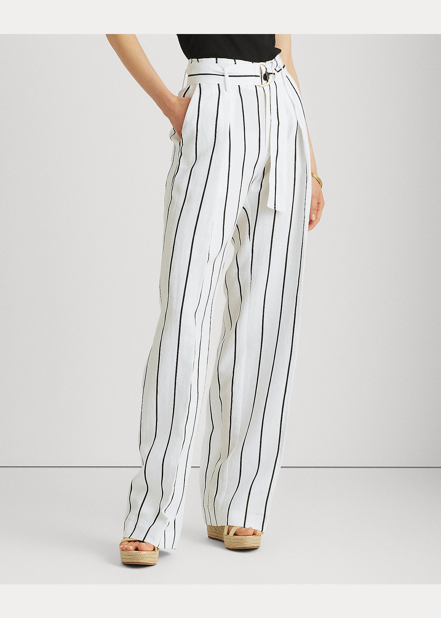 Ralph Lauren Striped Linen-blend Wide-leg Trouser in White | Lyst UK