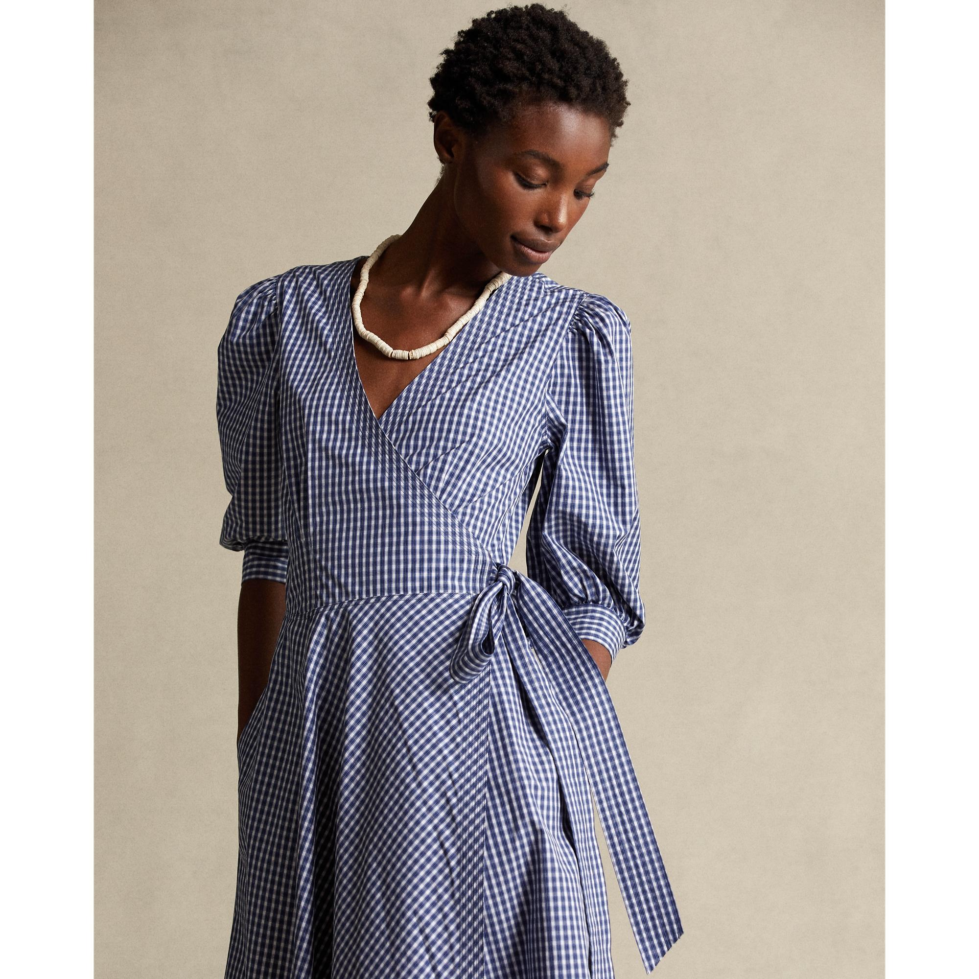 Polo Ralph Lauren Gingham Cotton Wrap Dress in Blue | Lyst