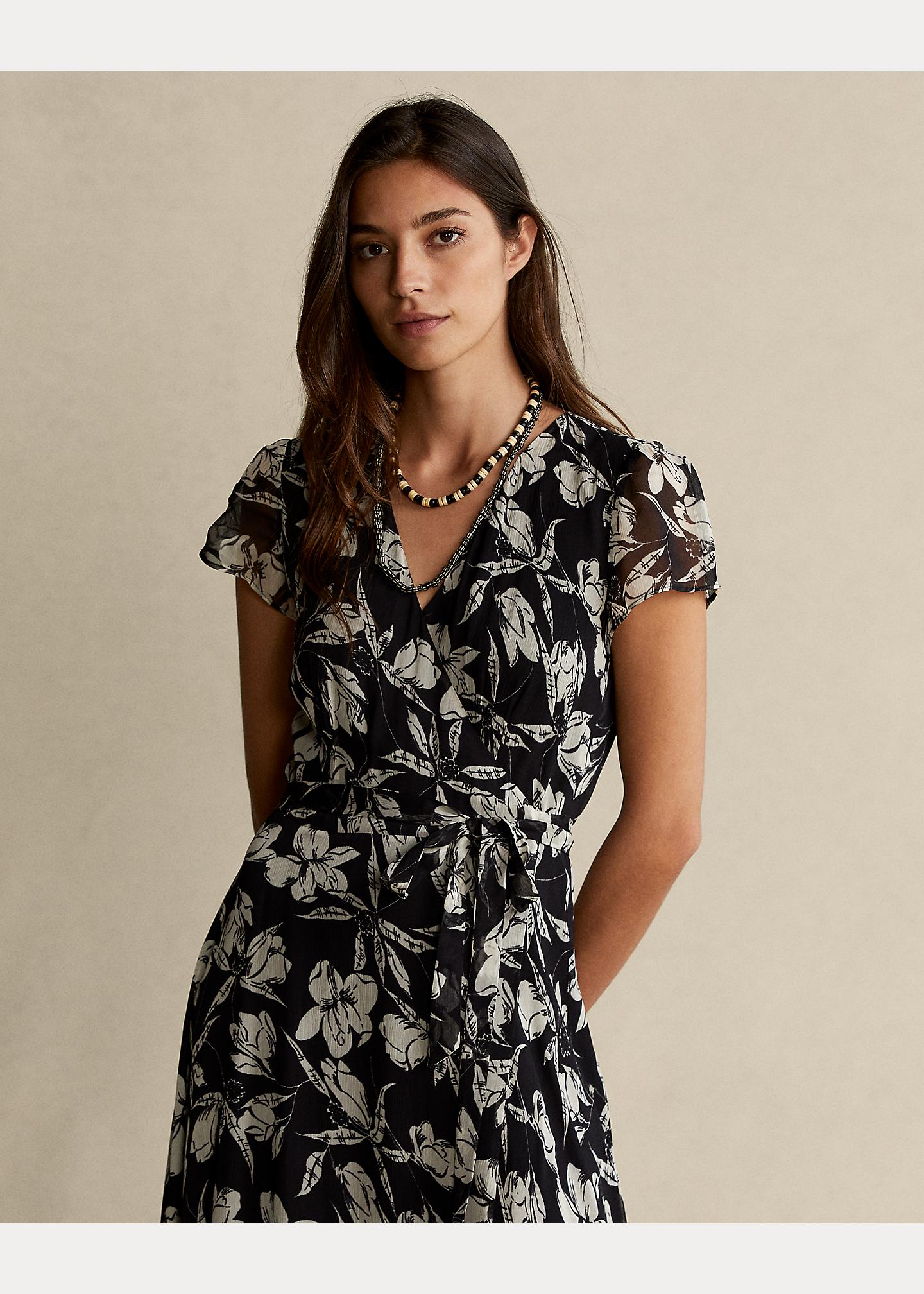 Polo Ralph Lauren Floral Crinkle Wrap Dress in Black | Lyst UK