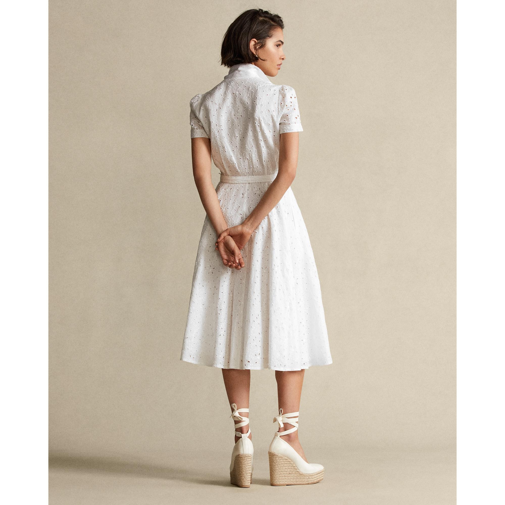 Polo Ralph Lauren Linen Eyelet Belted Dress in White | Lyst